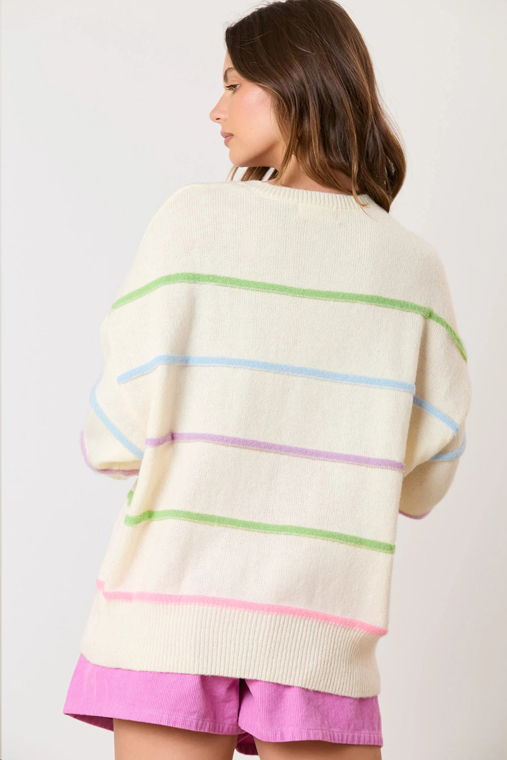 White Rainbow Stripes Drop Shoulder Baggy Henley Sweate