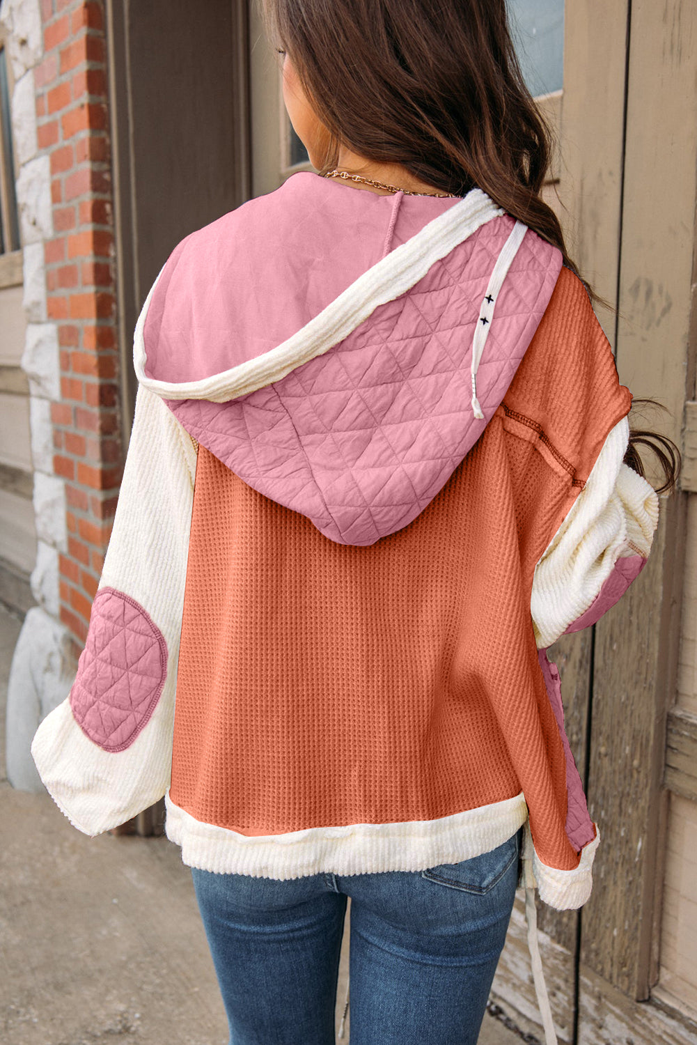 Quilted Textured Patchwork Loose Fit Hooded Jacket