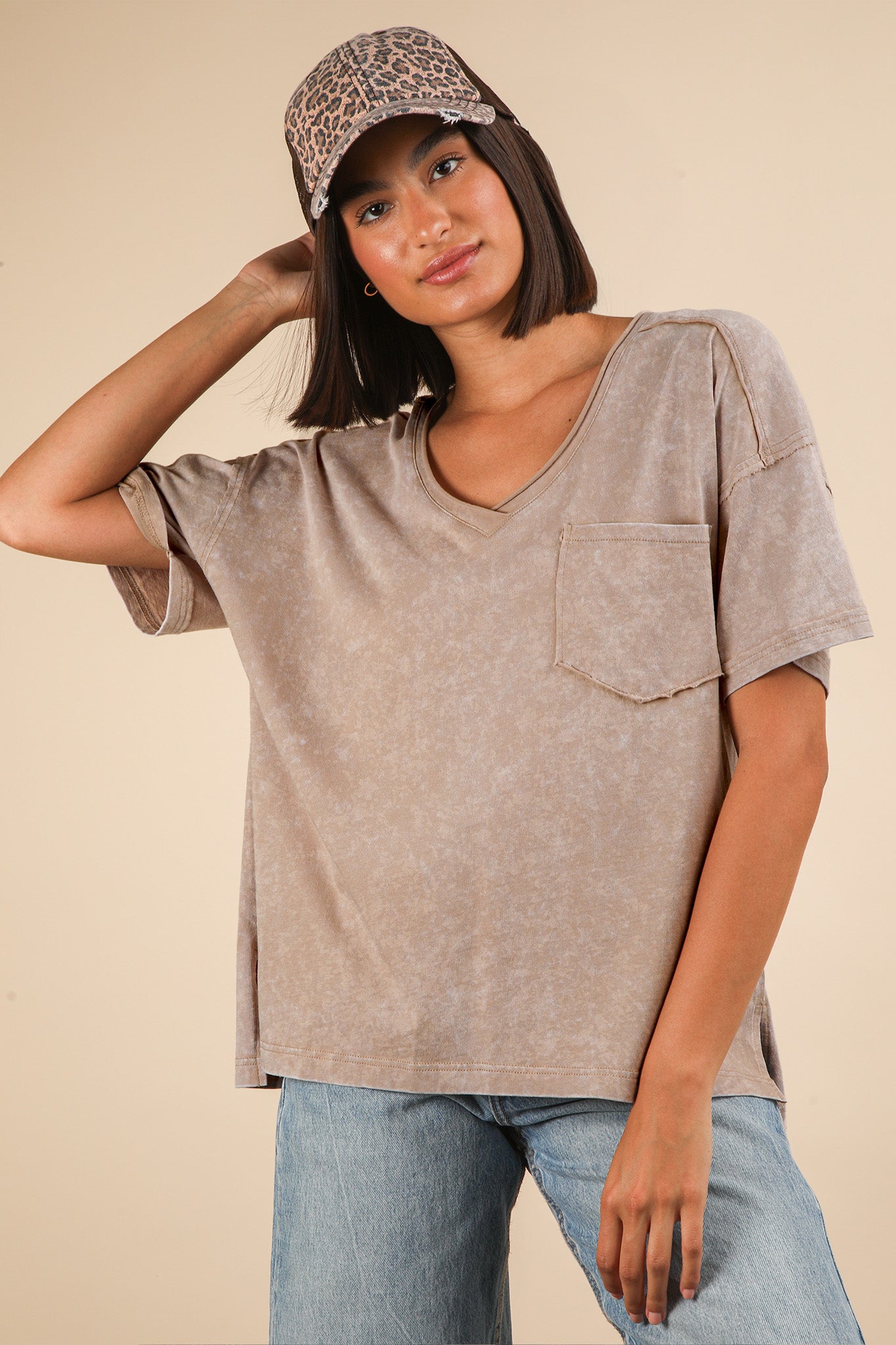 Mineral Washed V-Neck Knit Top