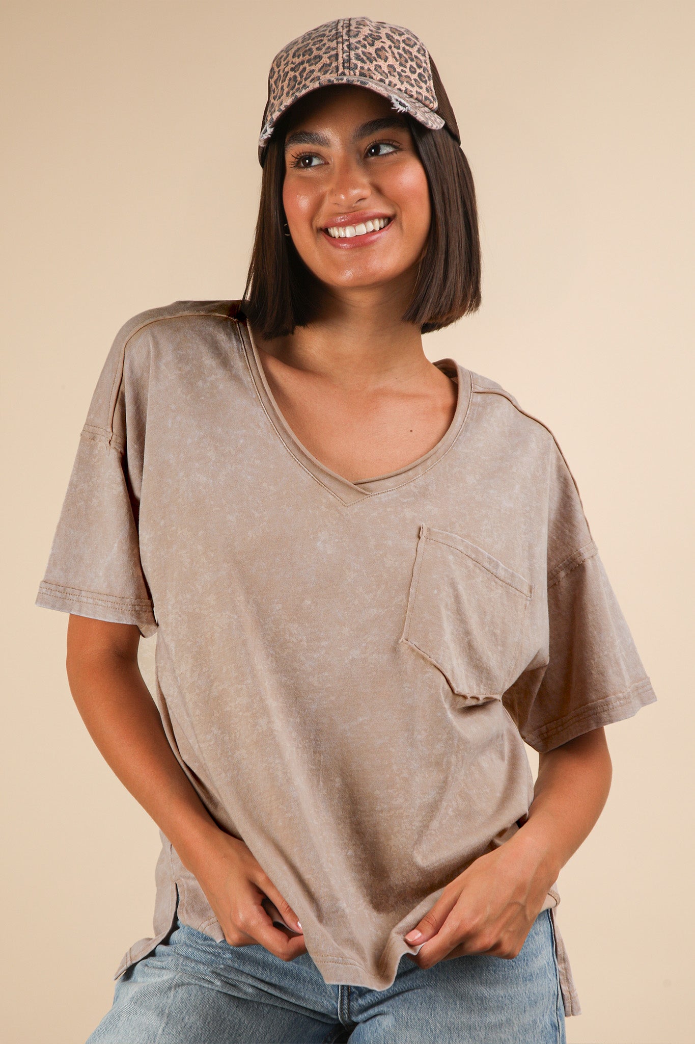 Mineral Washed V-Neck Knit Top