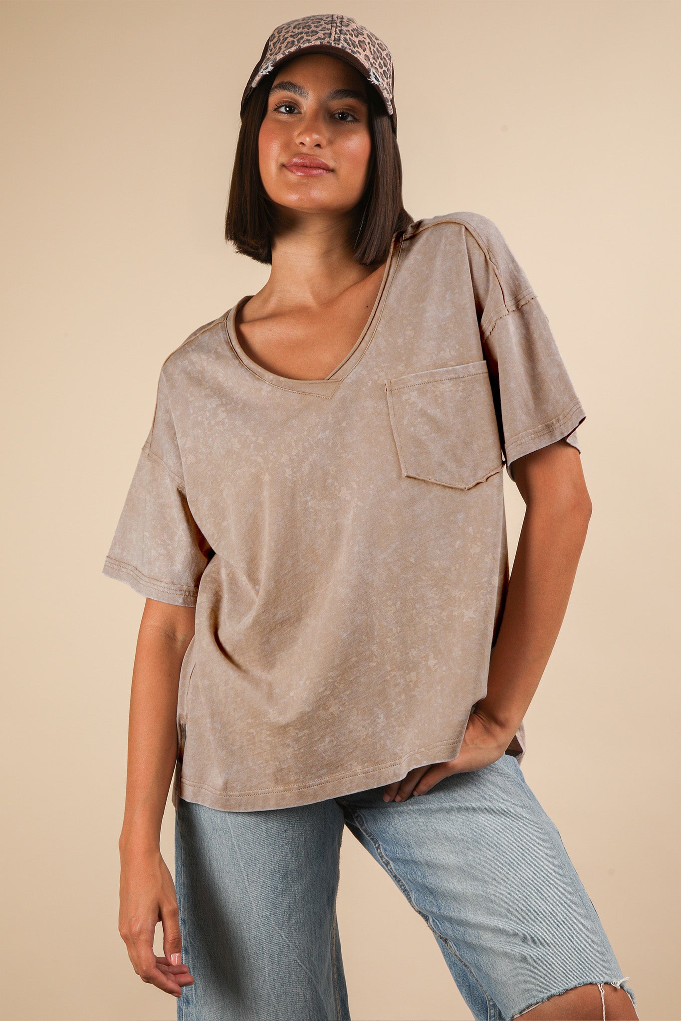 Mineral Washed V-Neck Knit Top