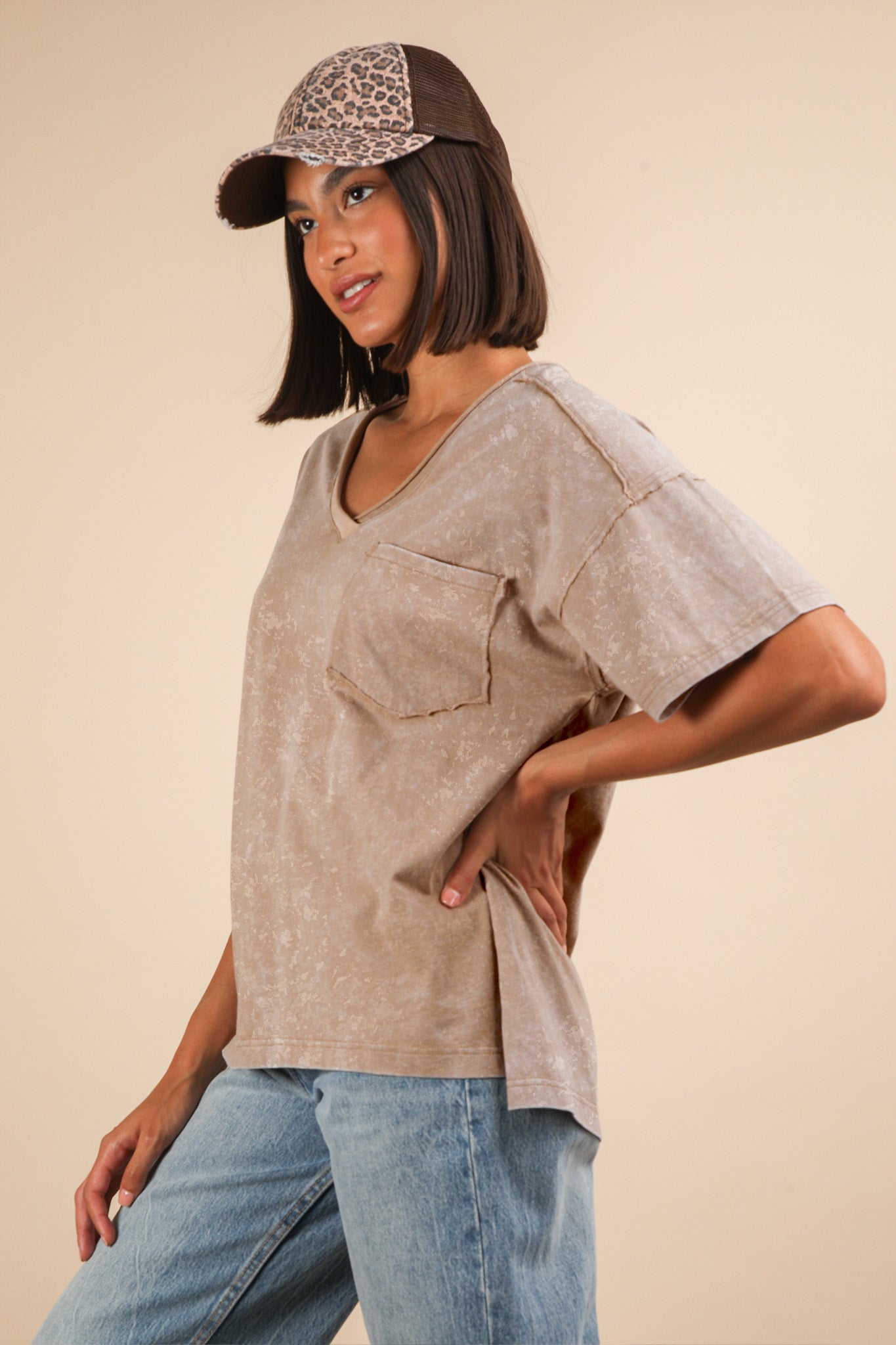 Mineral Washed V-Neck Knit Top