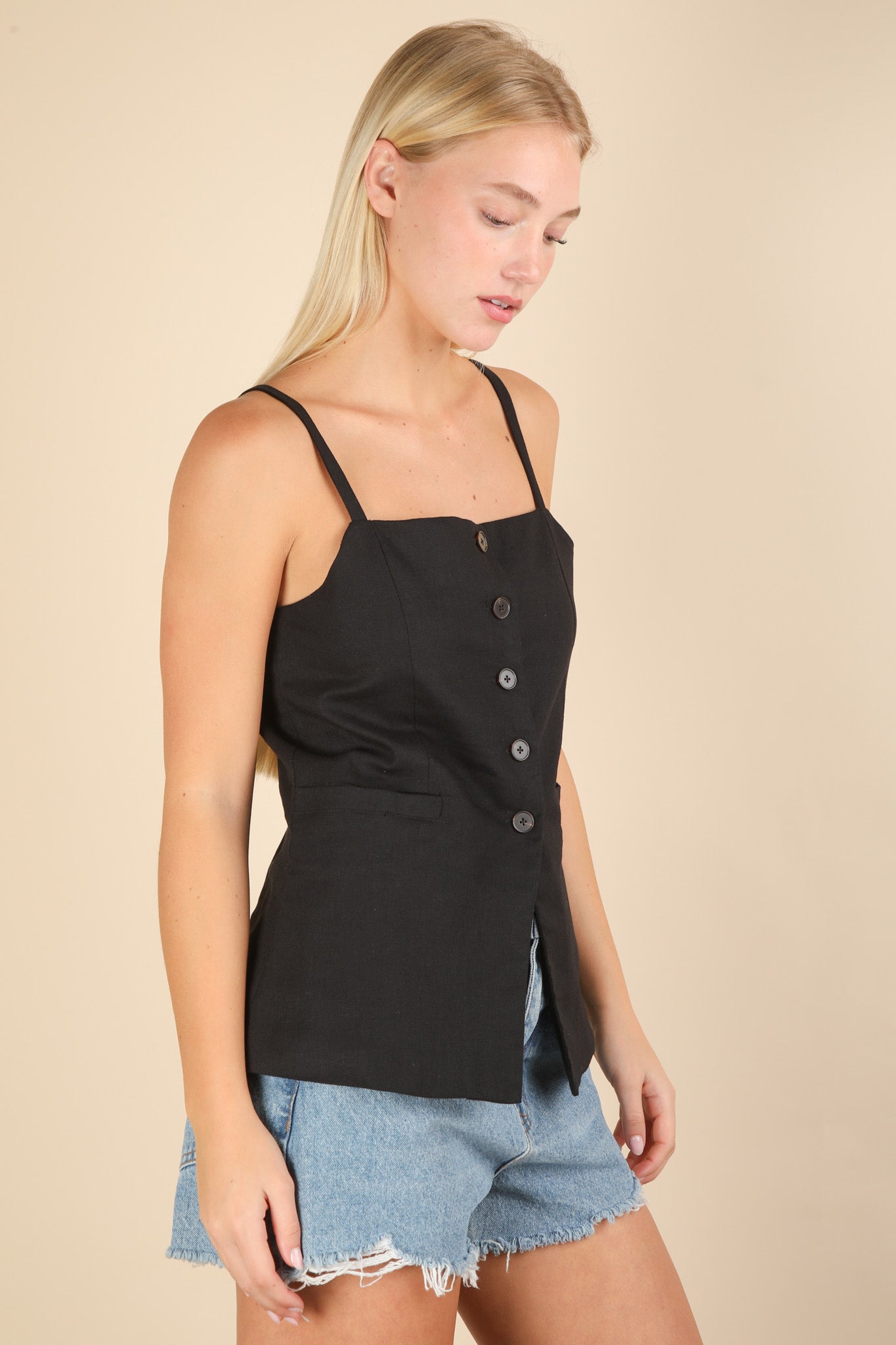 Black Button Down Solid Woven Top