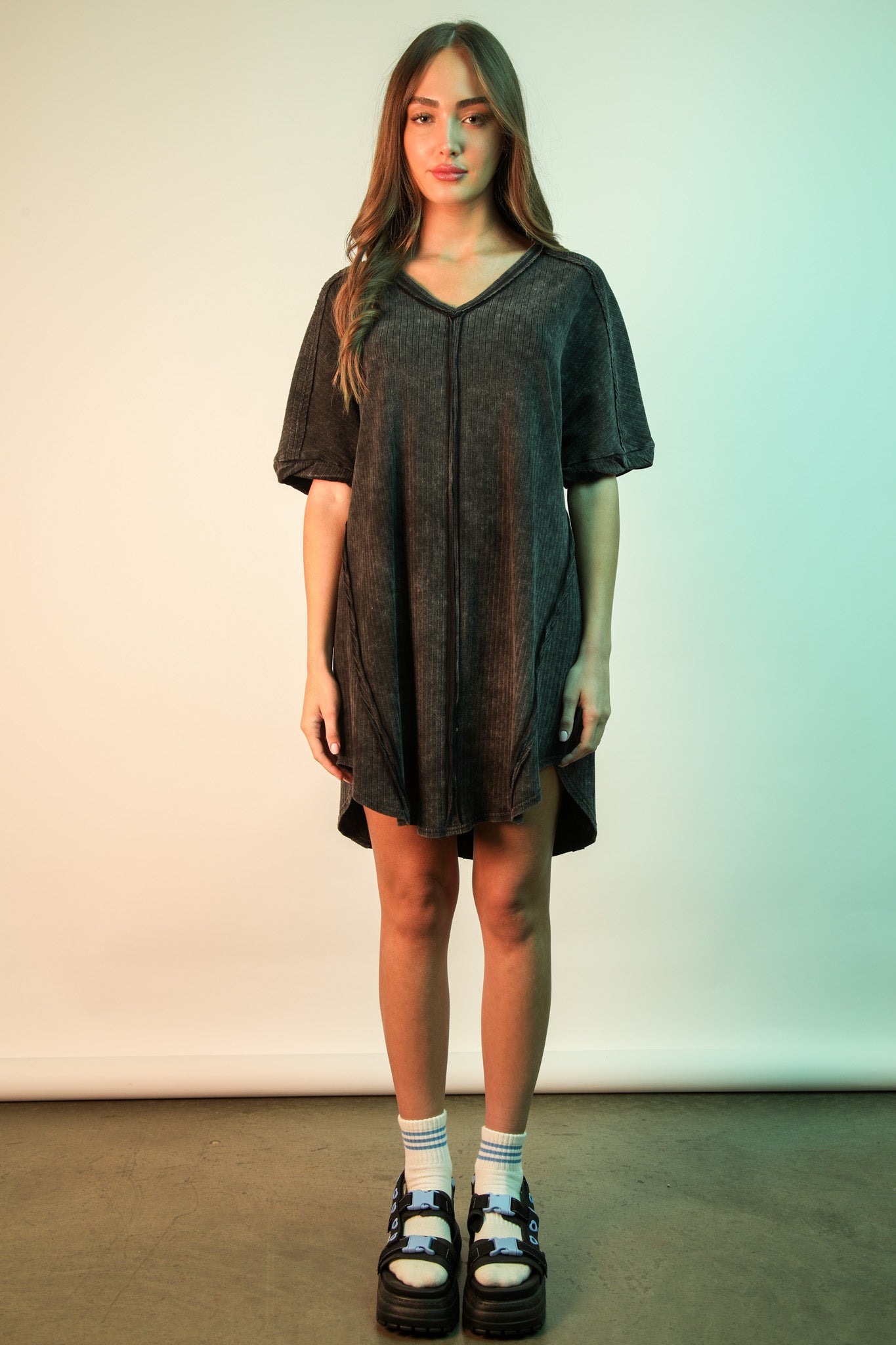Mineral Washed Ribbed Knit Shift Mini Dress