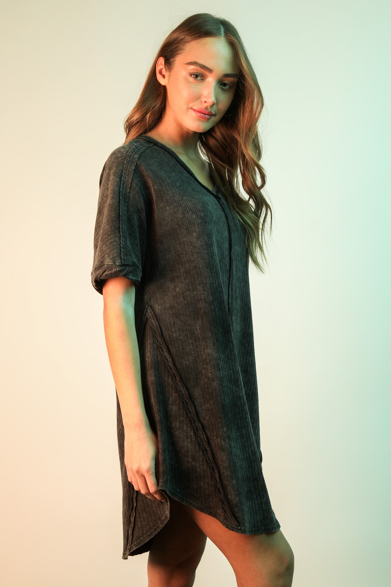 Mineral Washed Ribbed Knit Shift Mini Dress