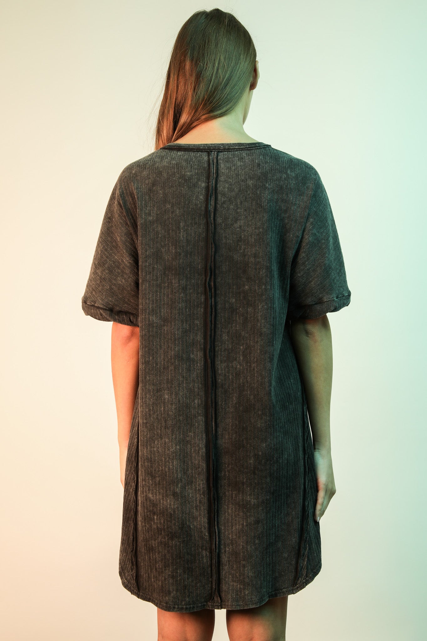 Mineral Washed Ribbed Knit Shift Mini Dress
