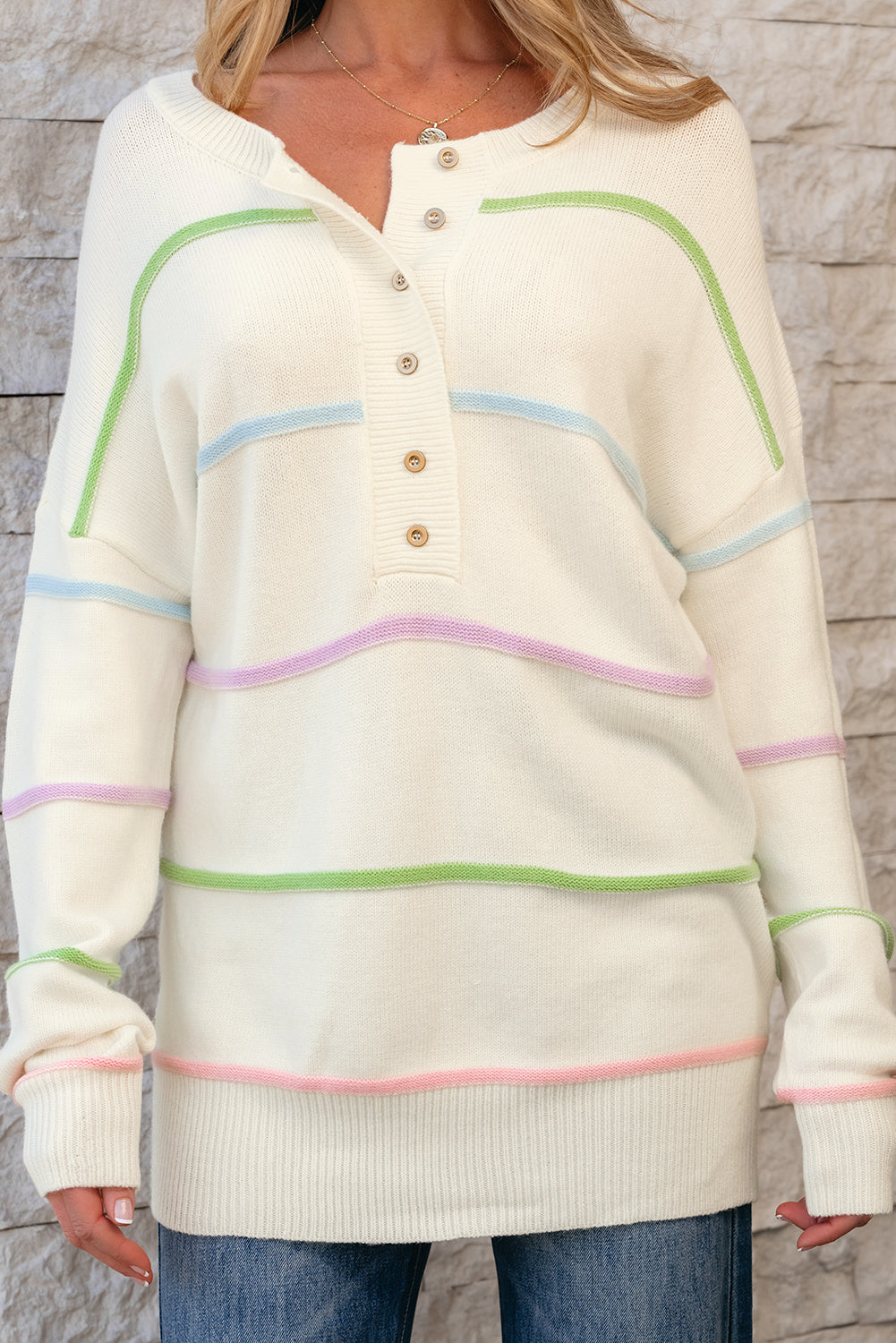 White Rainbow Stripes Drop Shoulder Baggy Henley Sweate