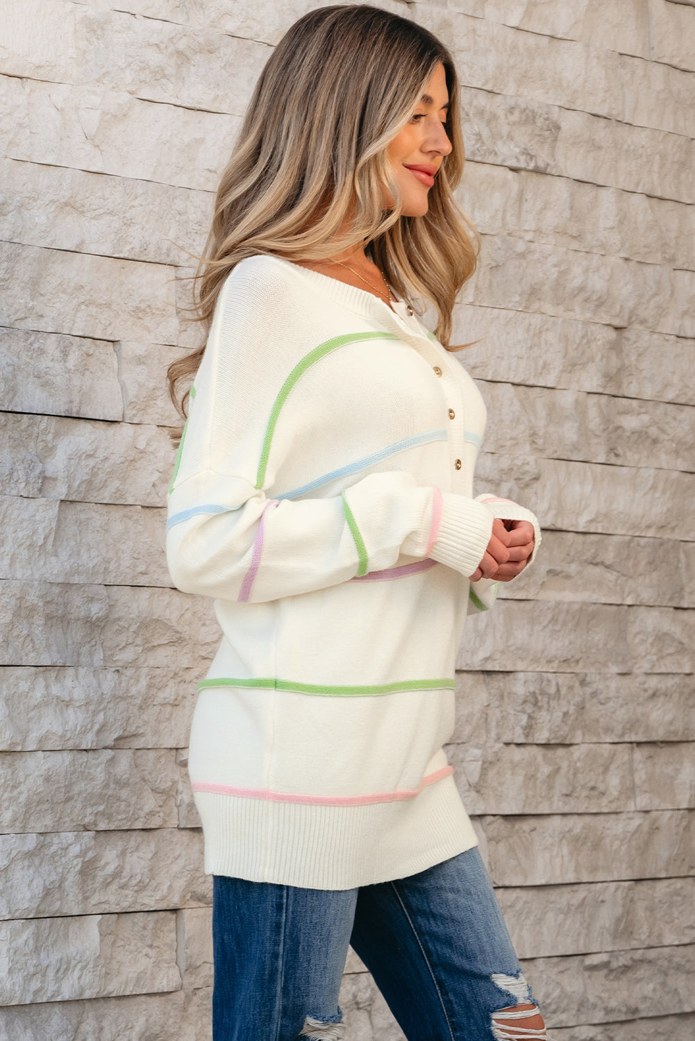 White Rainbow Stripes Drop Shoulder Baggy Henley Sweate