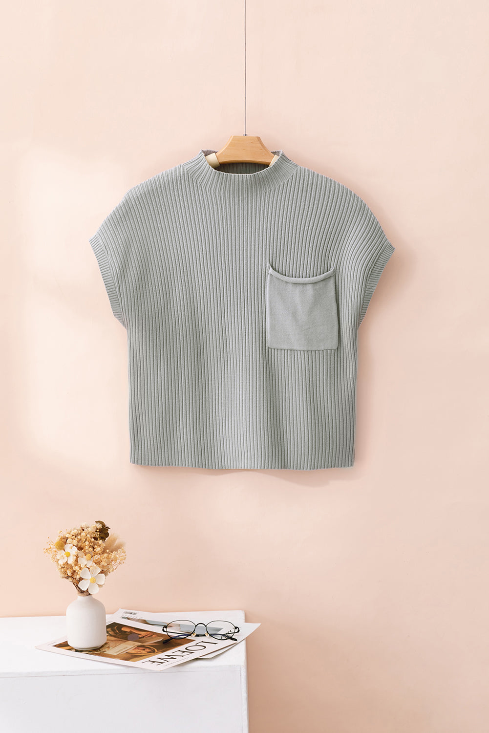 Mineral Red Patch Pocket Ribbed Knit Short Sleeve Sweater
