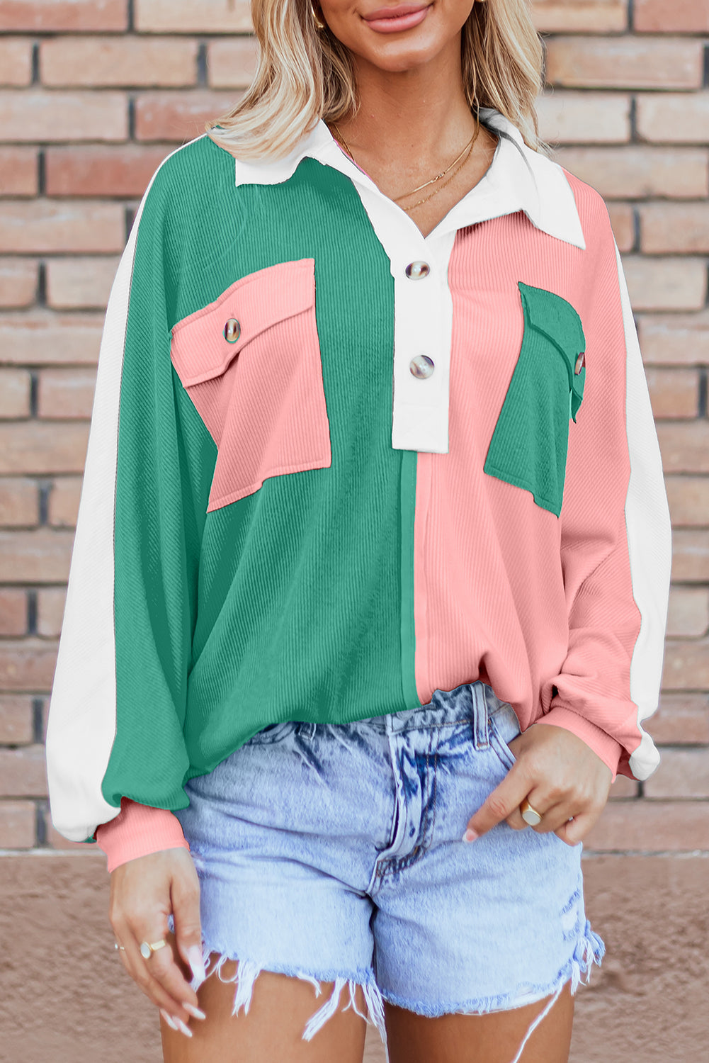 Gray Colorblock Ribbed Collared Oversized Sweatshirt