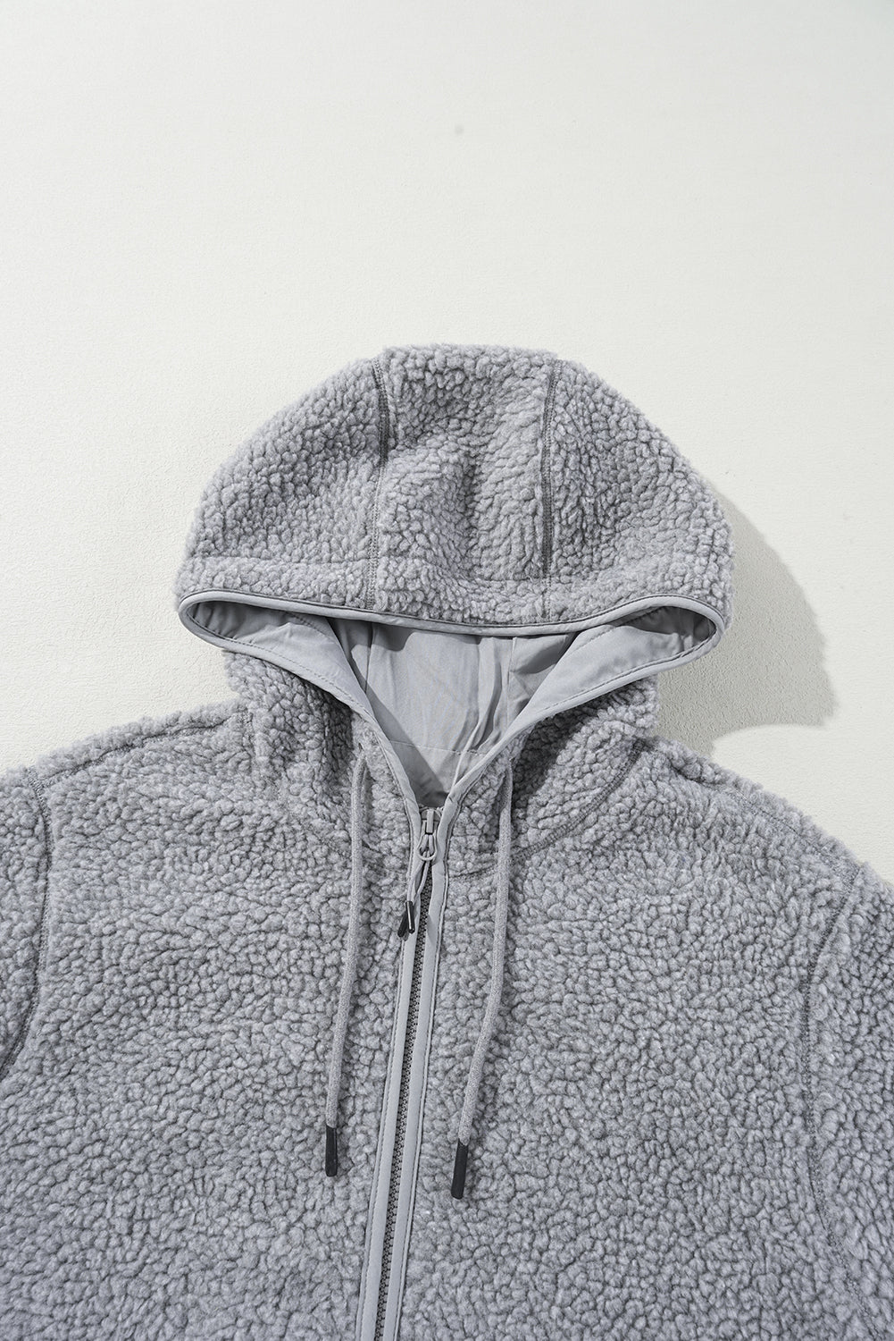 Pale Khaki Fleece Zip Up Drawstring Hooded Pocketed Jacket