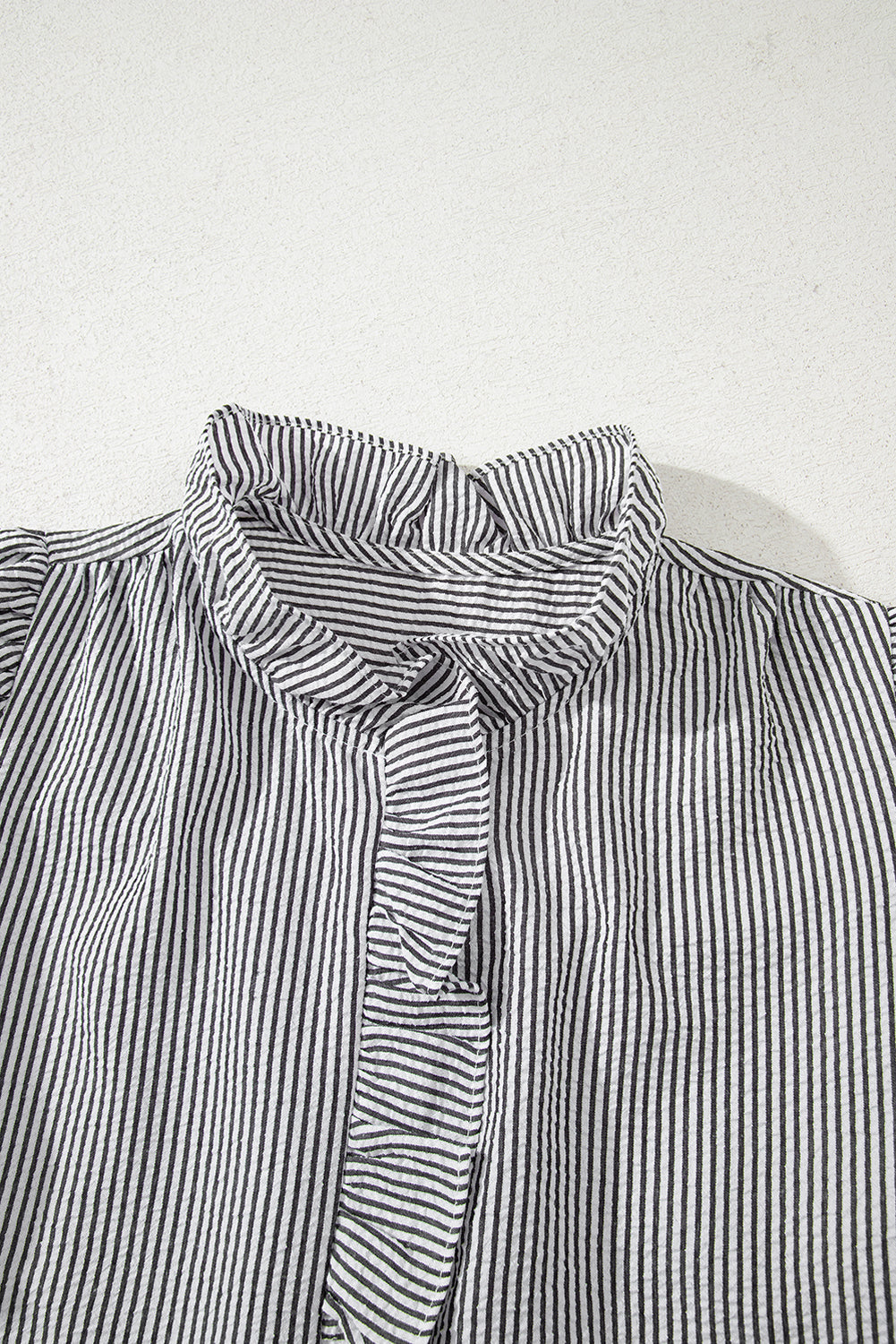 Black Striped Ruffle Short Bubble Sleeve Shirt
