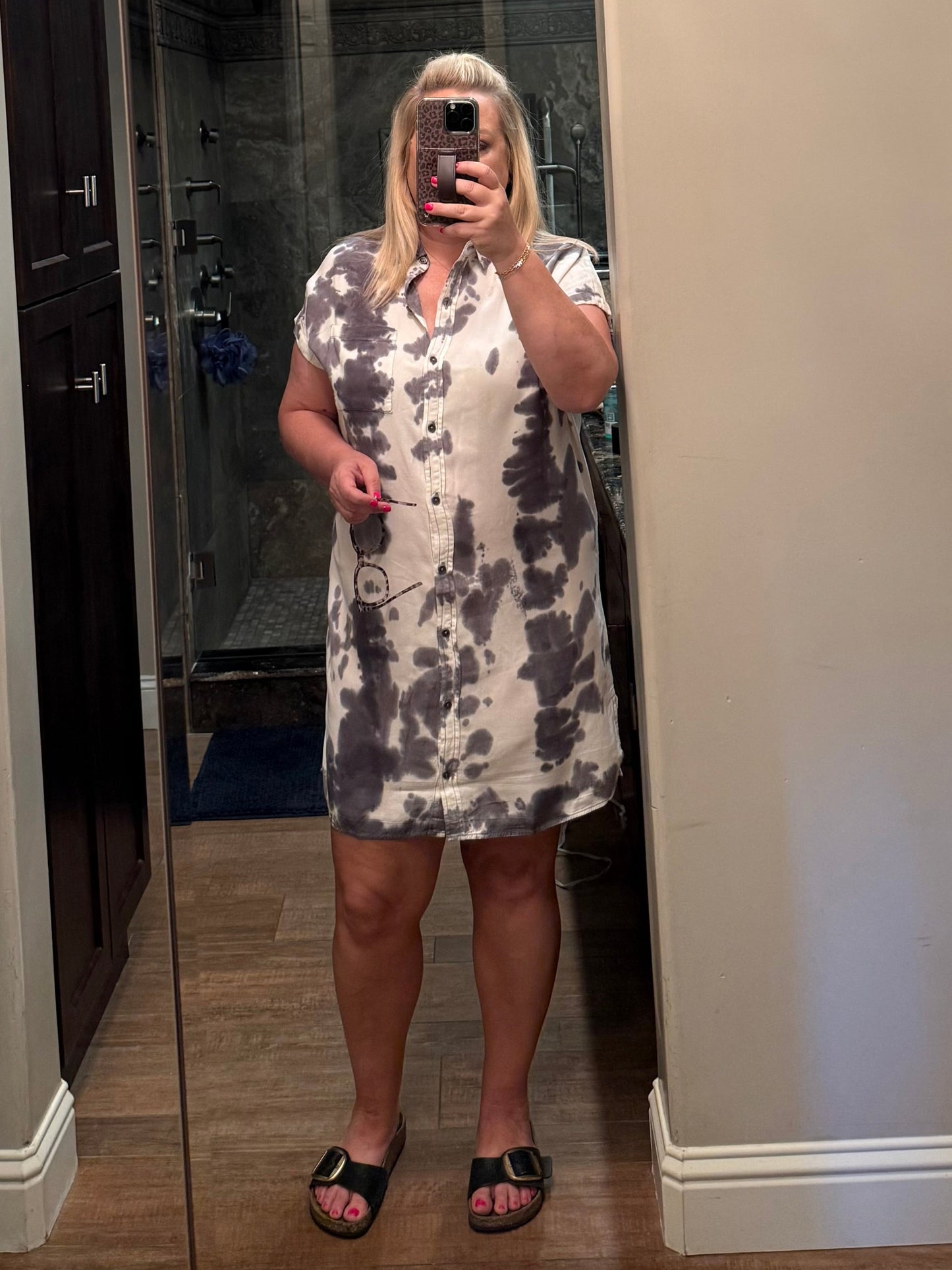 White & Black tie dyed button down dress