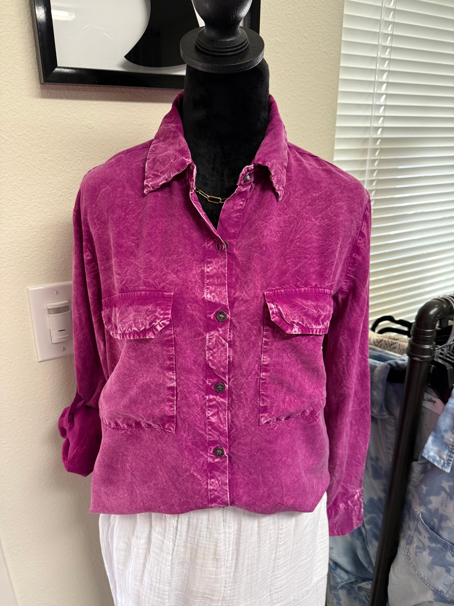Fuchsia Button Down Long Sleeve Top