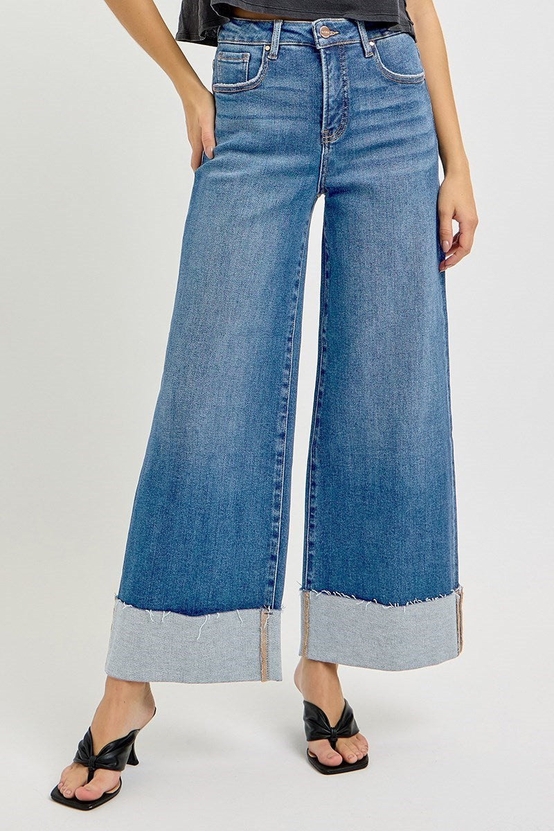 Tummy Control High Rise Crop Wide Cuffed Jeans