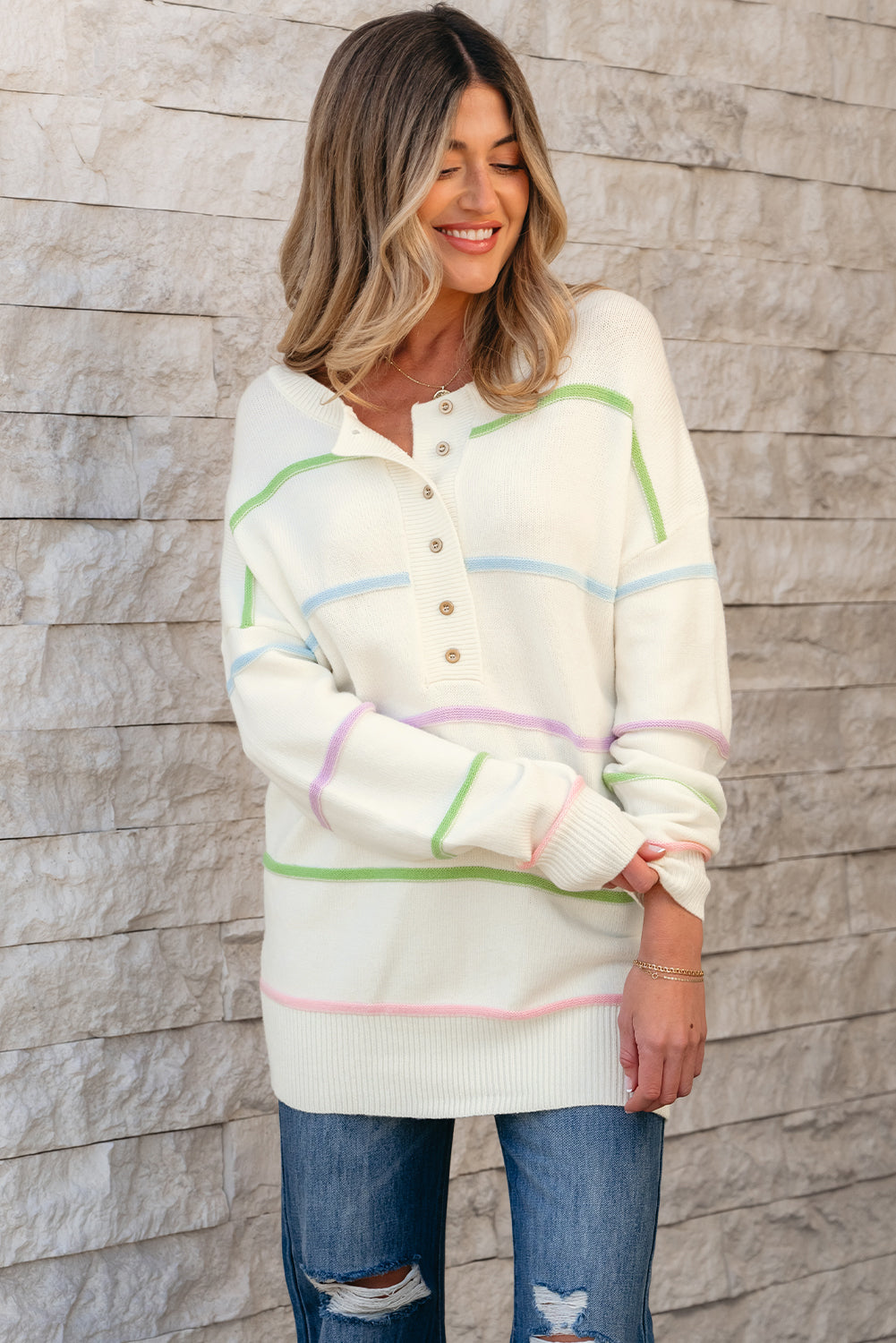 White Rainbow Stripes Drop Shoulder Baggy Henley Sweate