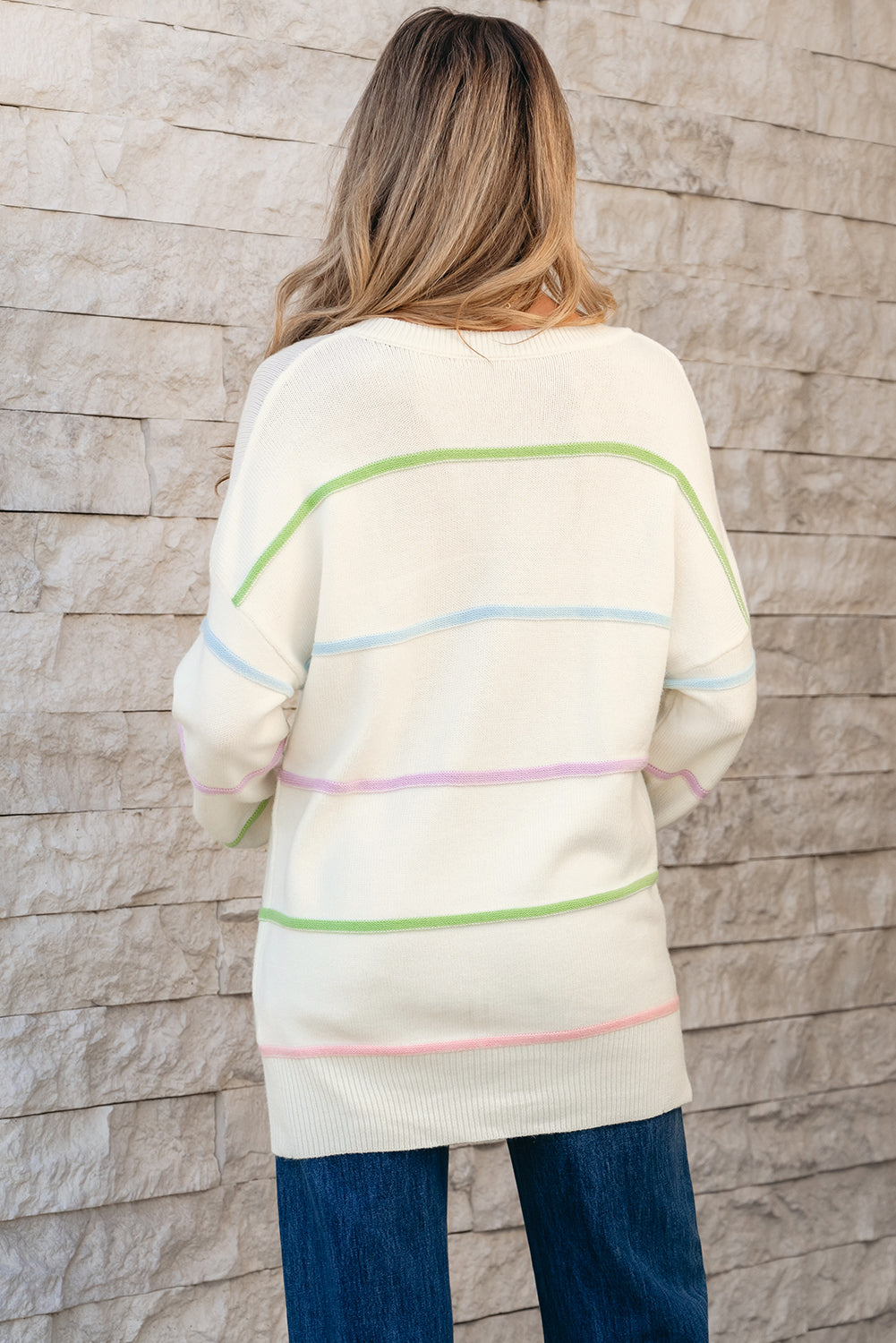 White Rainbow Stripes Drop Shoulder Baggy Henley Sweate