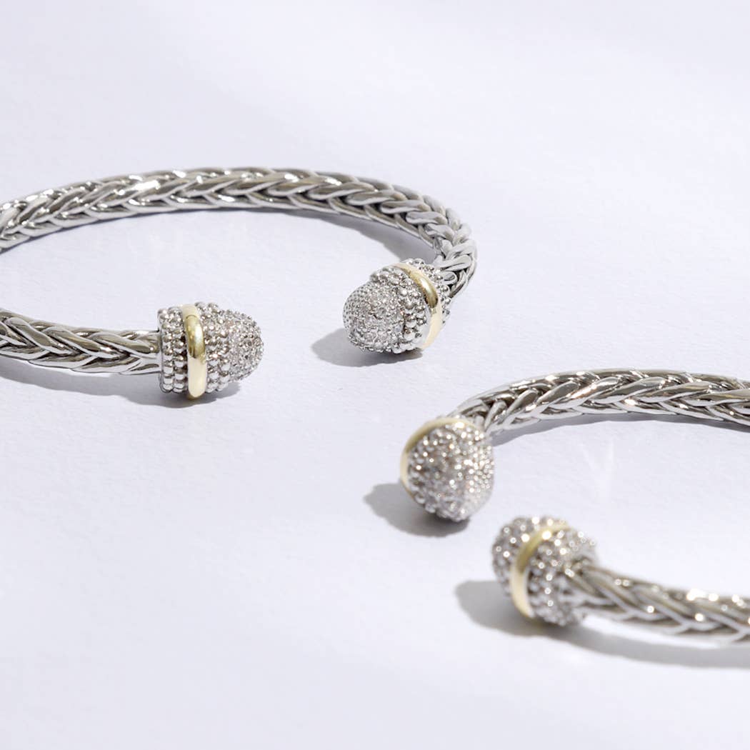 Multi-Toned CZ Round Edge Braided Bangle Bracelet
