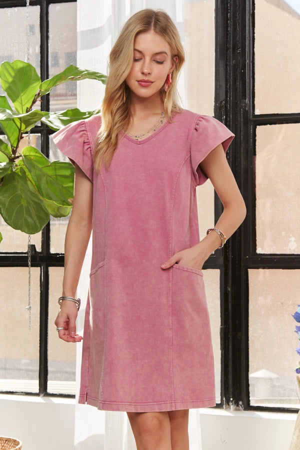 Ruffle Sleeves Mineral Washed Shift Dress