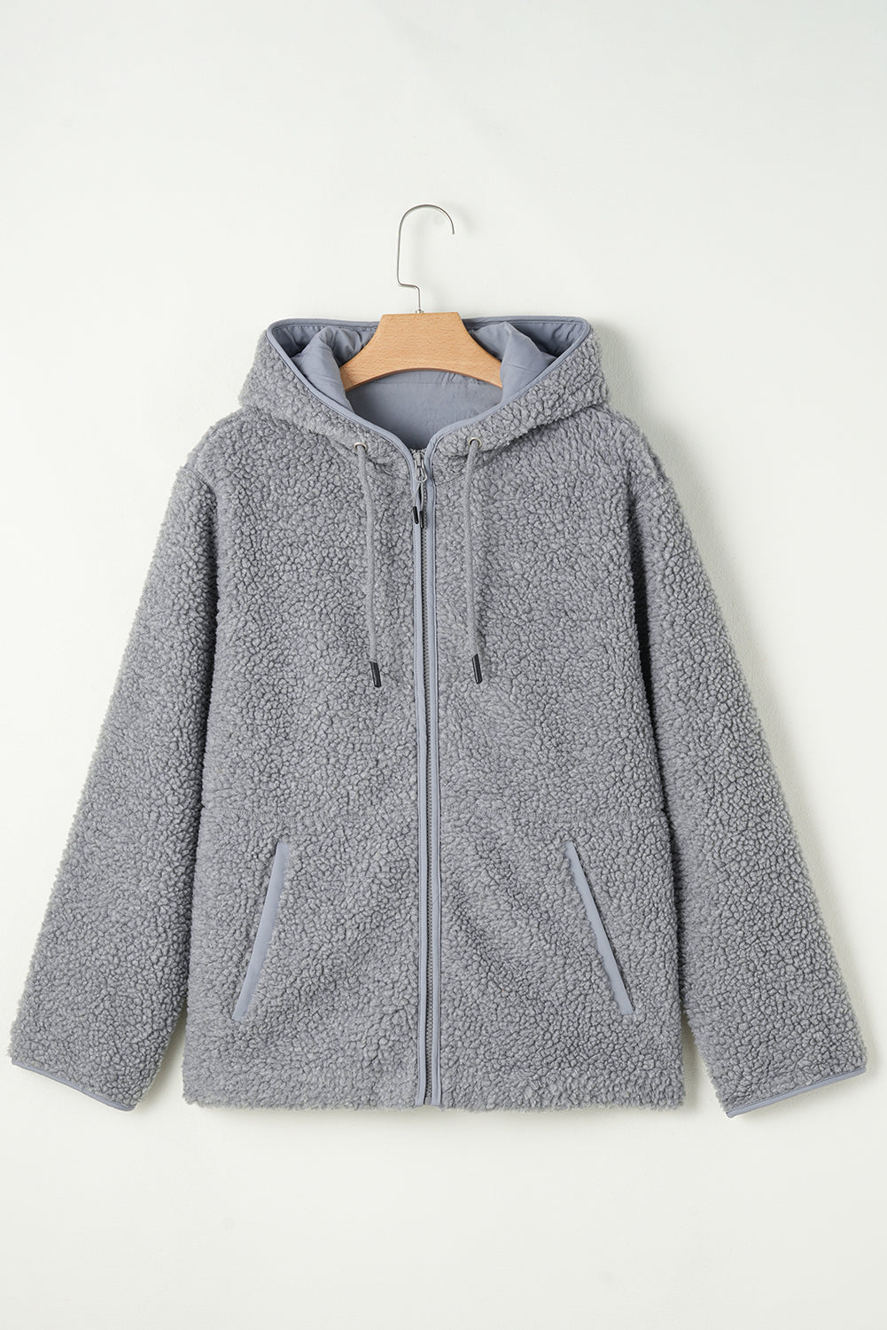 Pale Khaki Fleece Zip Up Drawstring Hooded Pocketed Jacket