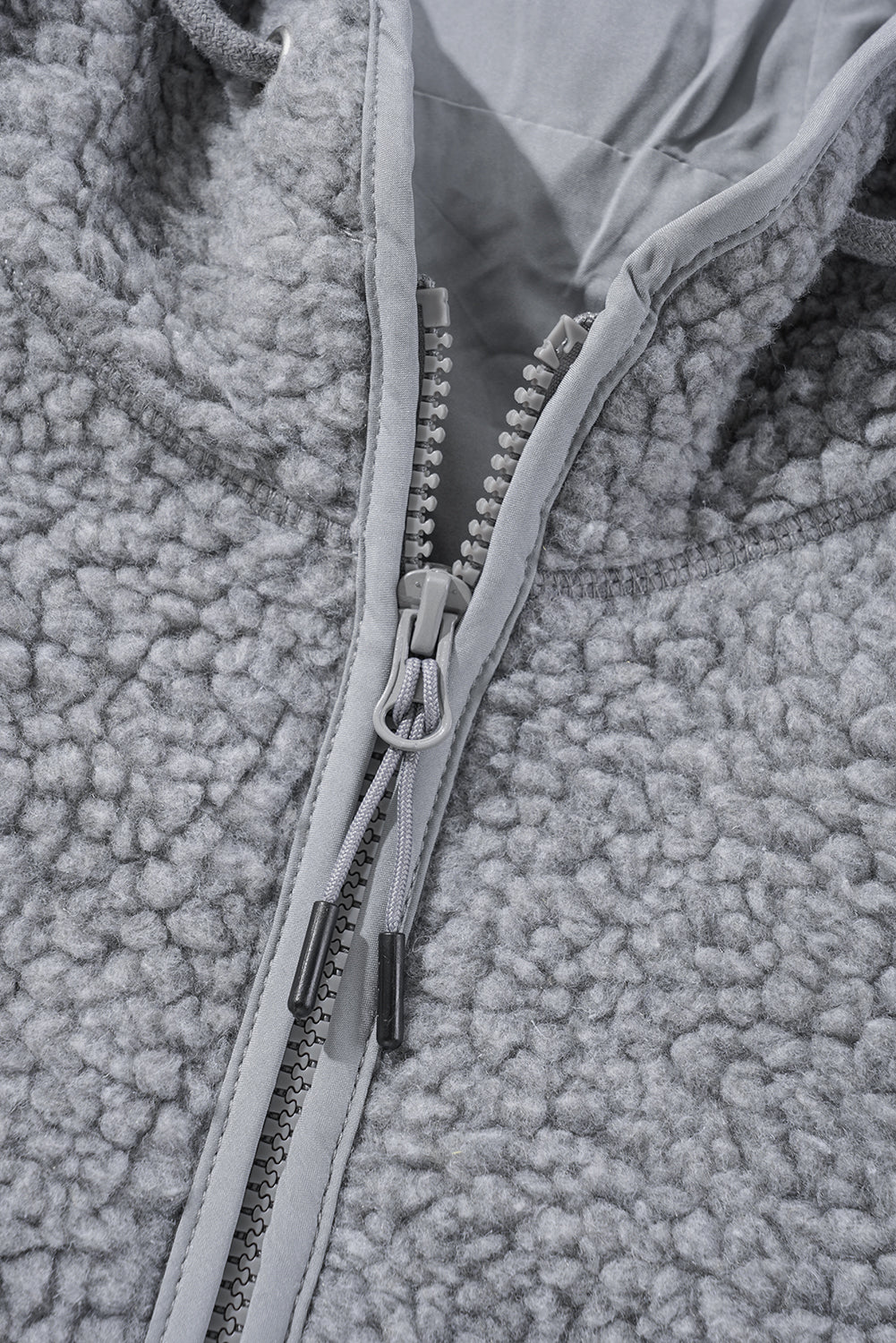 Pale Khaki Fleece Zip Up Drawstring Hooded Pocketed Jacket