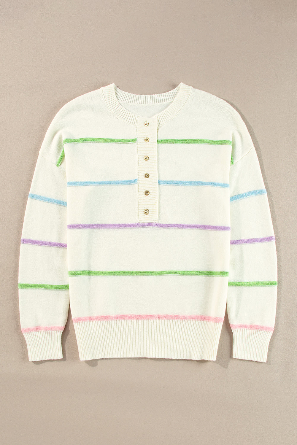 White Rainbow Stripes Drop Shoulder Baggy Henley Sweate