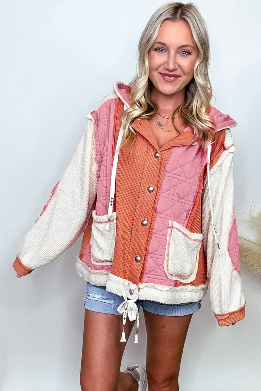 Quilted Textured Patchwork Loose Fit Hooded Jacket