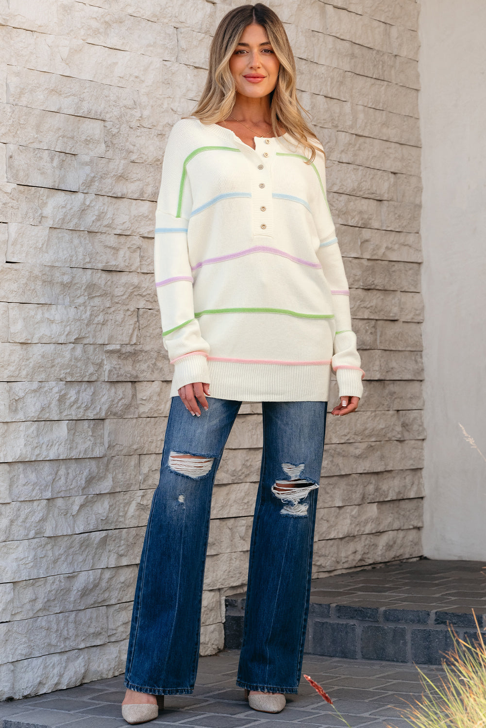 White Rainbow Stripes Drop Shoulder Baggy Henley Sweate