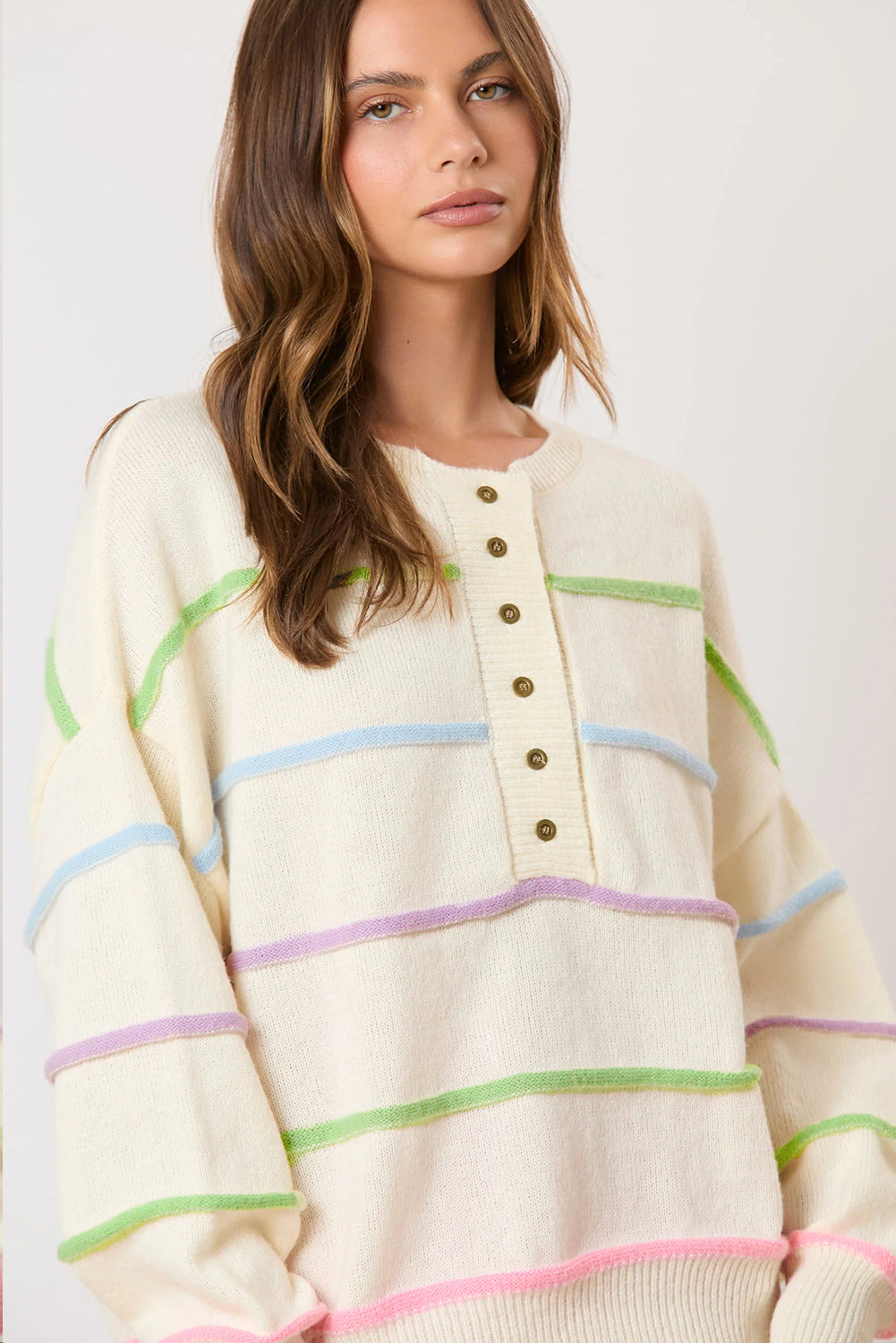 White Rainbow Stripes Drop Shoulder Baggy Henley Sweate