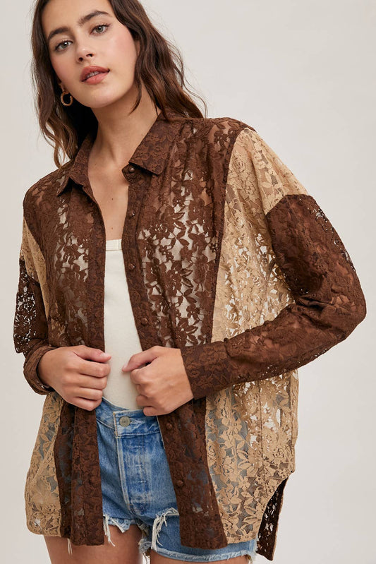 COLOR BLOCK LACE BUTTON DOWN SHIRT