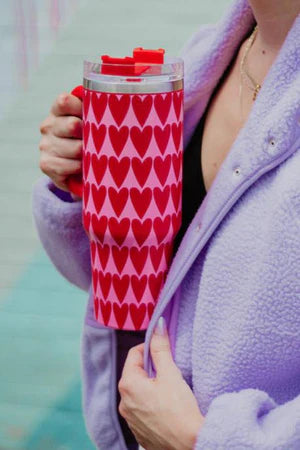 GIRLY RED HEARTS DESIGN TUMBLER WITH HANDLE