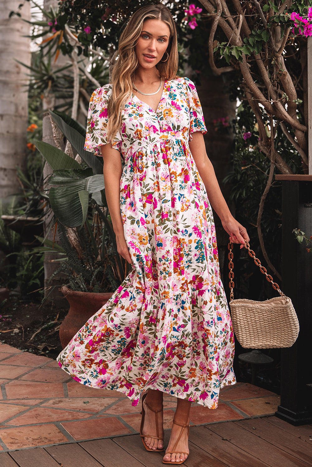Red Floral Short Sleeve V Neck High Waist Maxi Dress (in Shop)