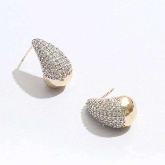 Water Drop Shape CZ Pave Two Tone Post Earrings