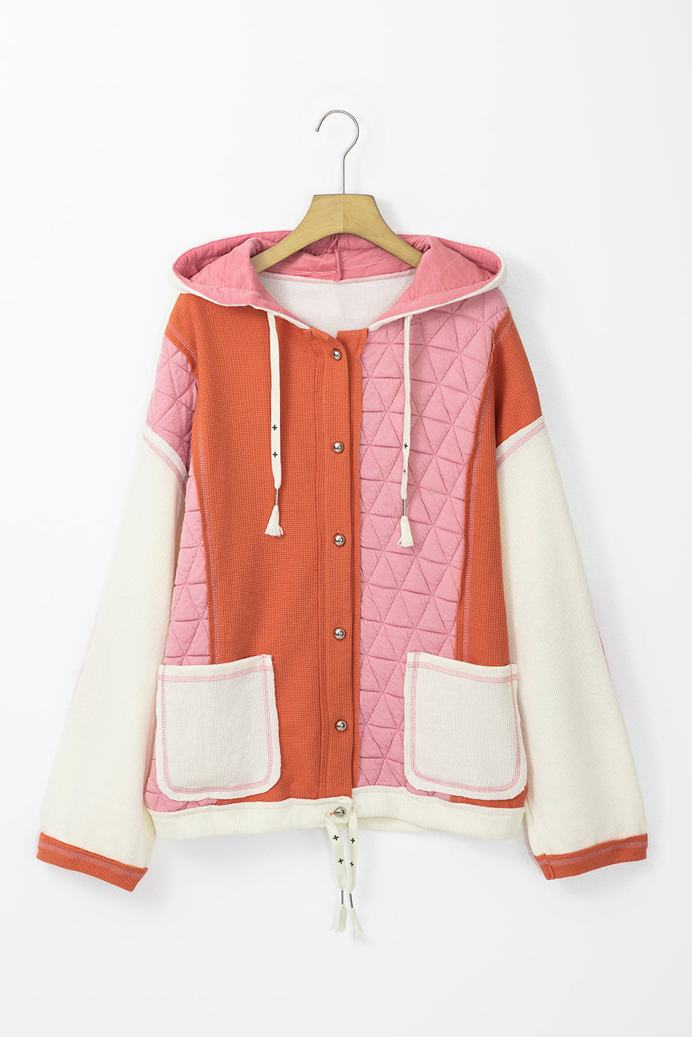 Quilted Textured Patchwork Loose Fit Hooded Jacket