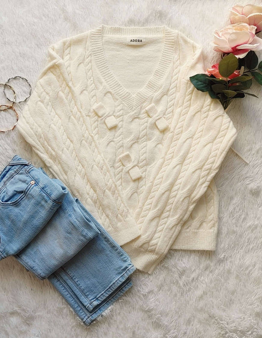 LOVELY BOW ACCENT CABLE KNIT SWEATER