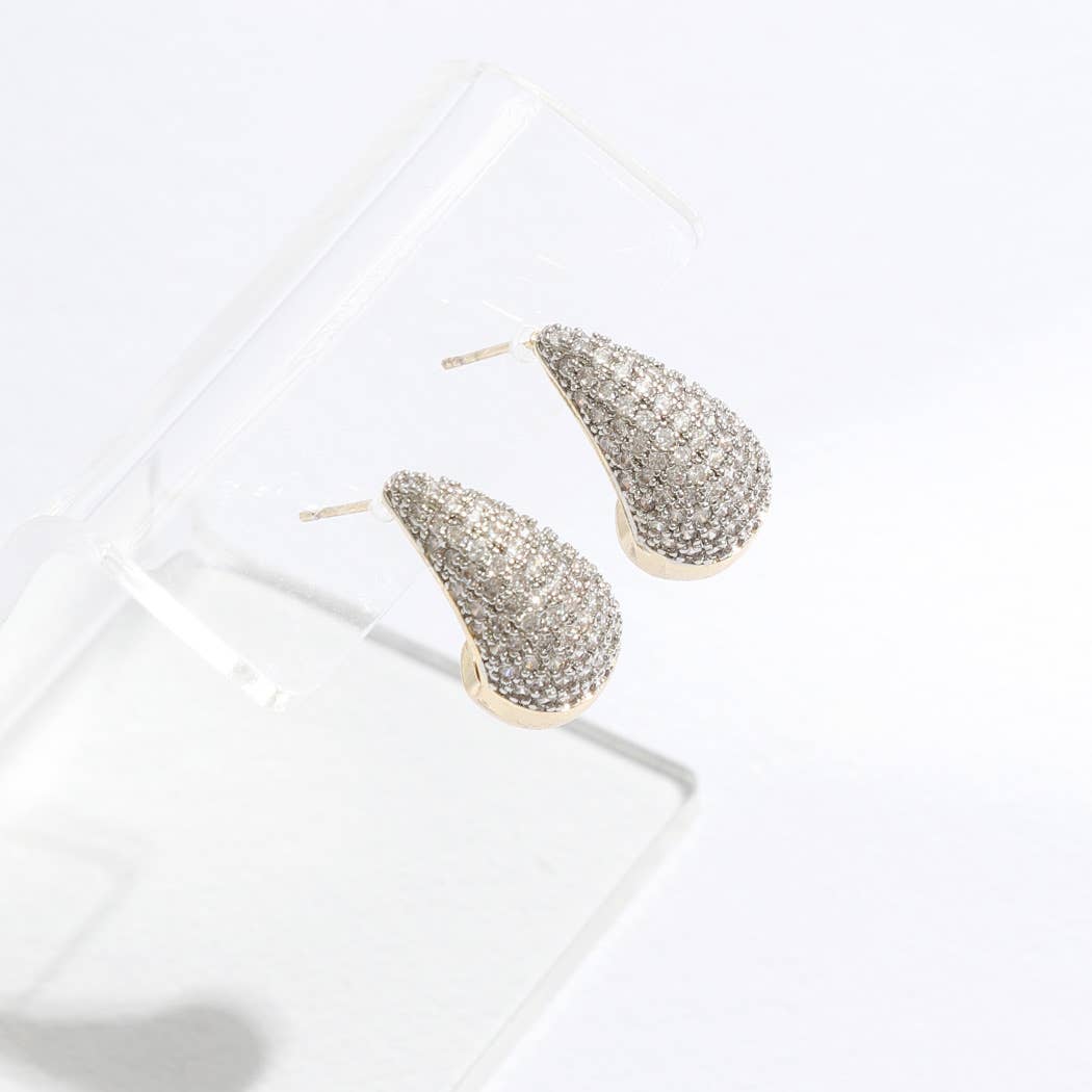 Water Drop Shape CZ Pave Two Tone Post Earrings