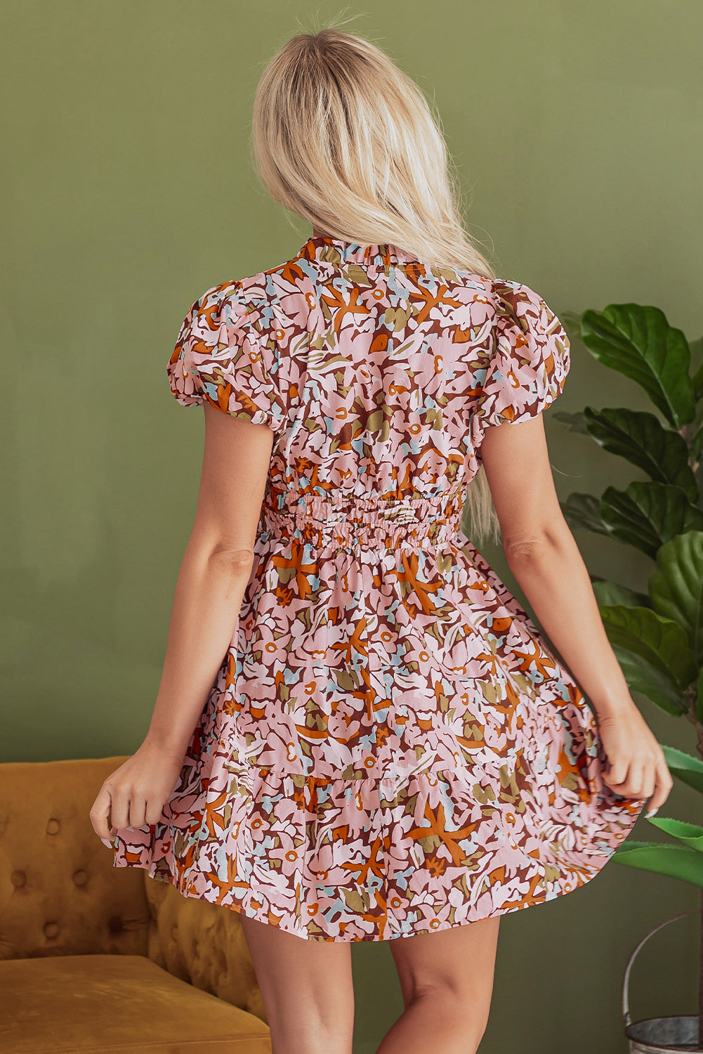 Pink Floral Print Puff Sleeve Shirred High Waist Mini Dress (in Shop)