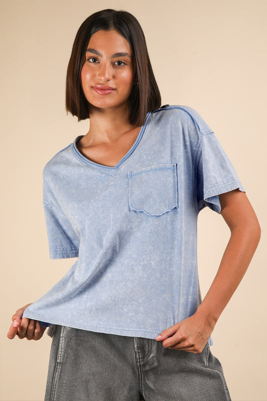 Denim Mineral Washed V-Neck Knit Top