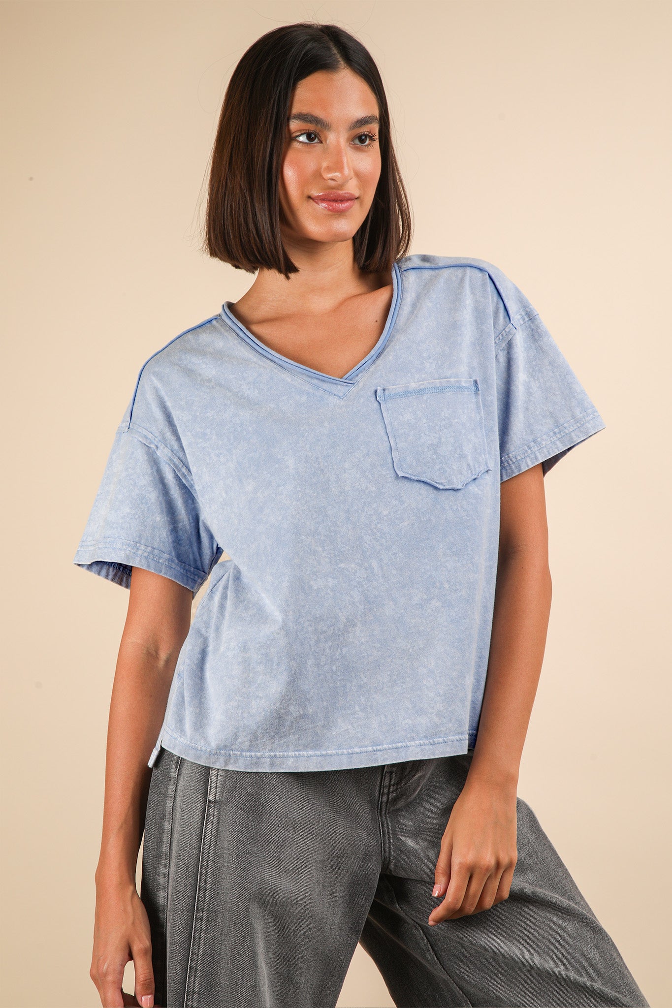 Denim Mineral Washed V-Neck Knit Top