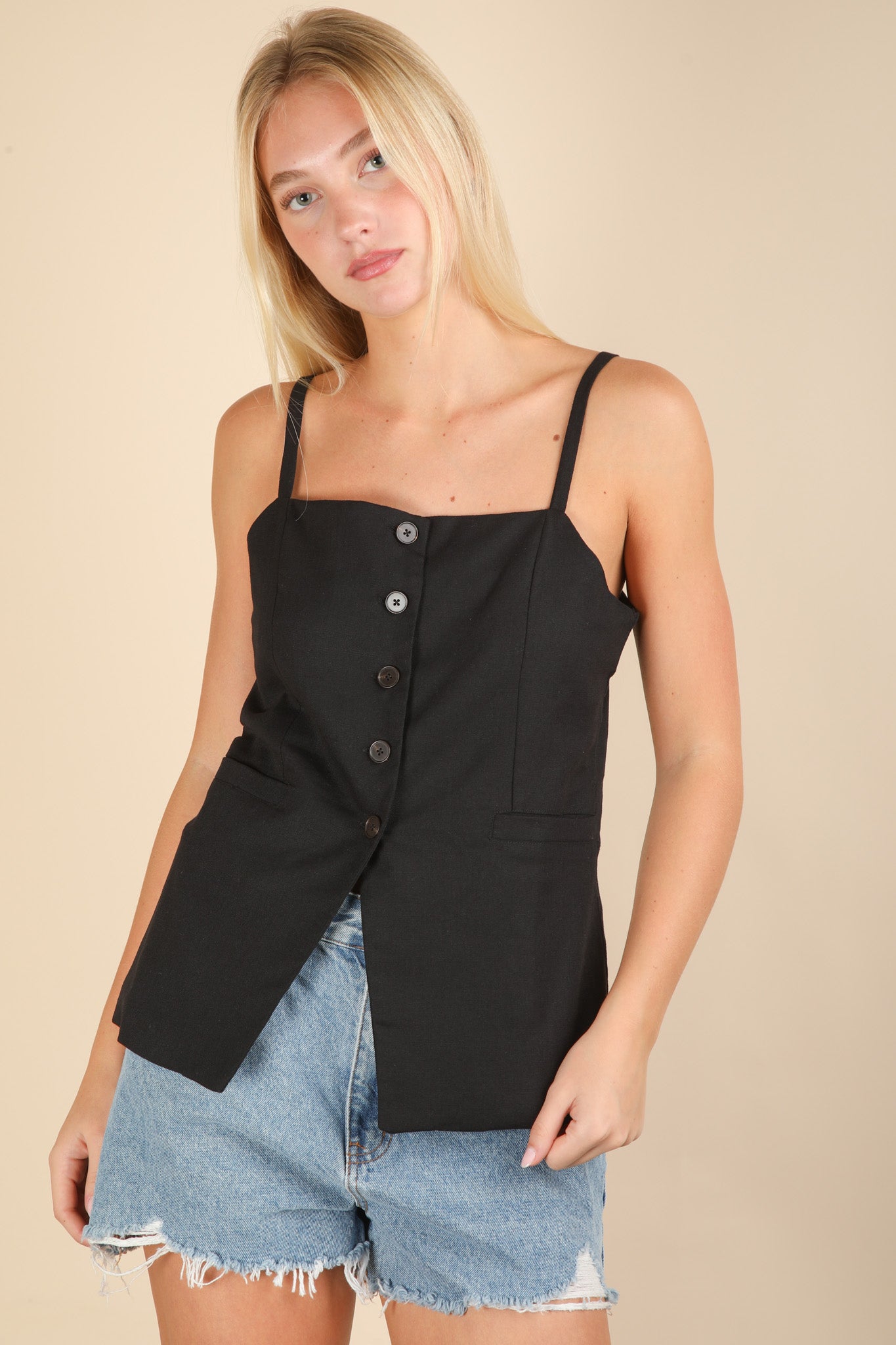 Black Button Down Solid Woven Top