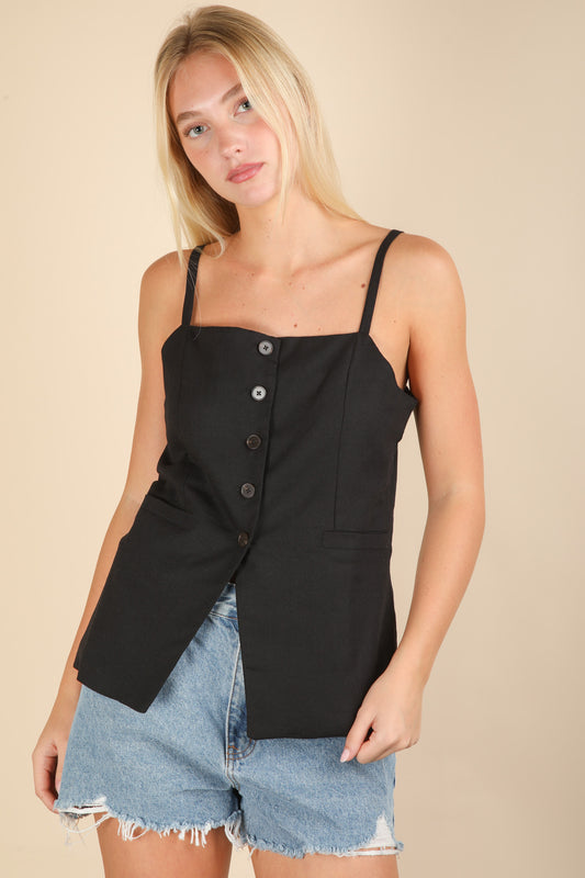 Black Button Down Solid Woven Top