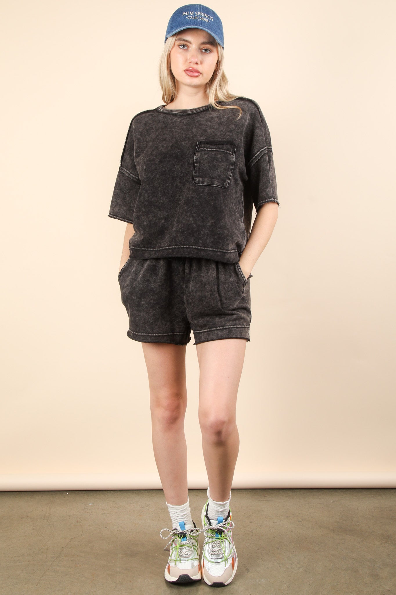 Black Mineral Washed Comfy Knit Top & Shorts Set