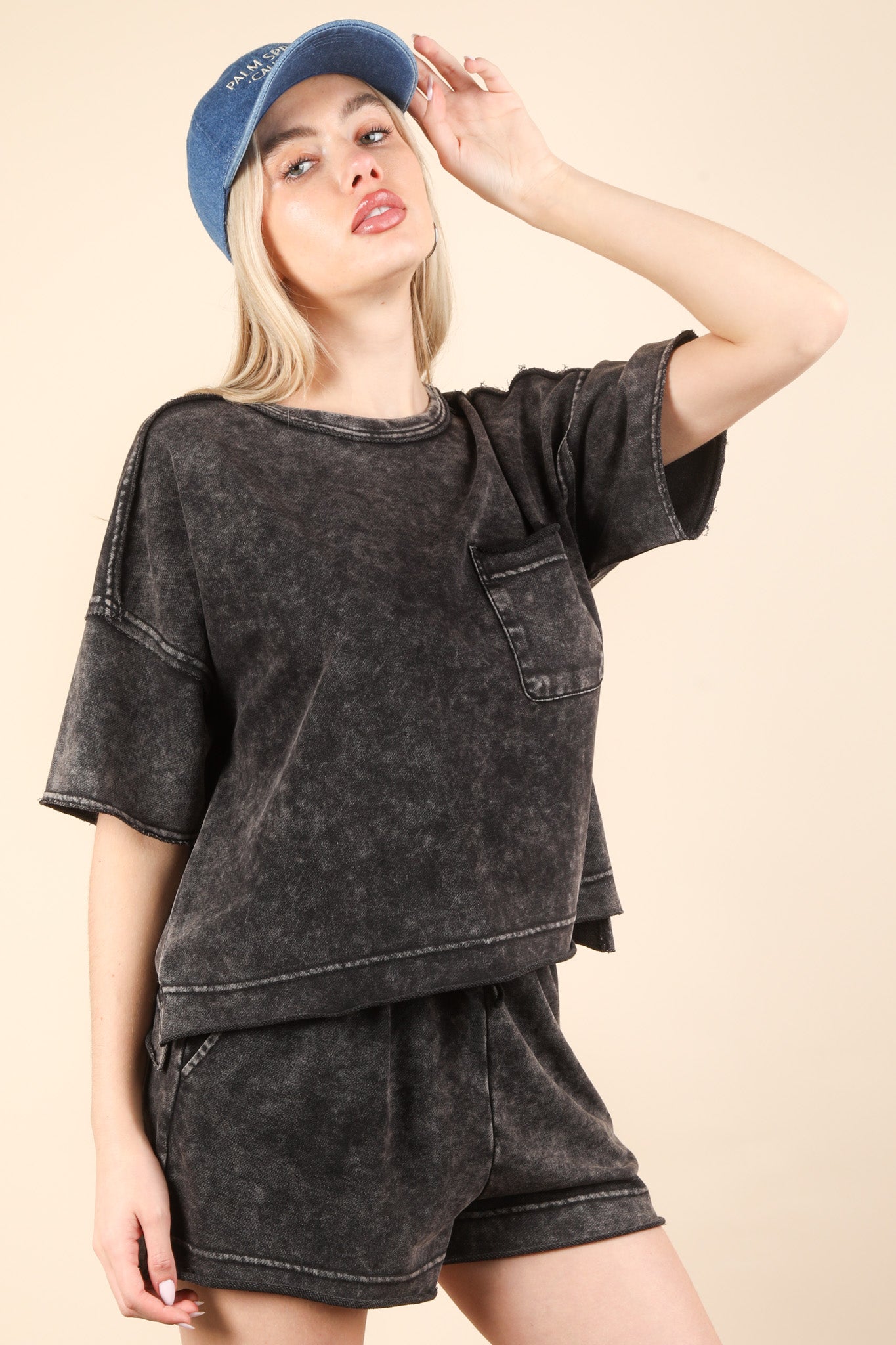 Black Mineral Washed Comfy Knit Top & Shorts Set