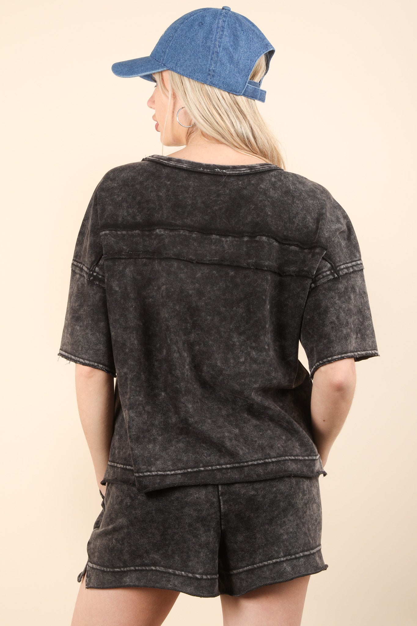 Black Mineral Washed Comfy Knit Top & Shorts Set