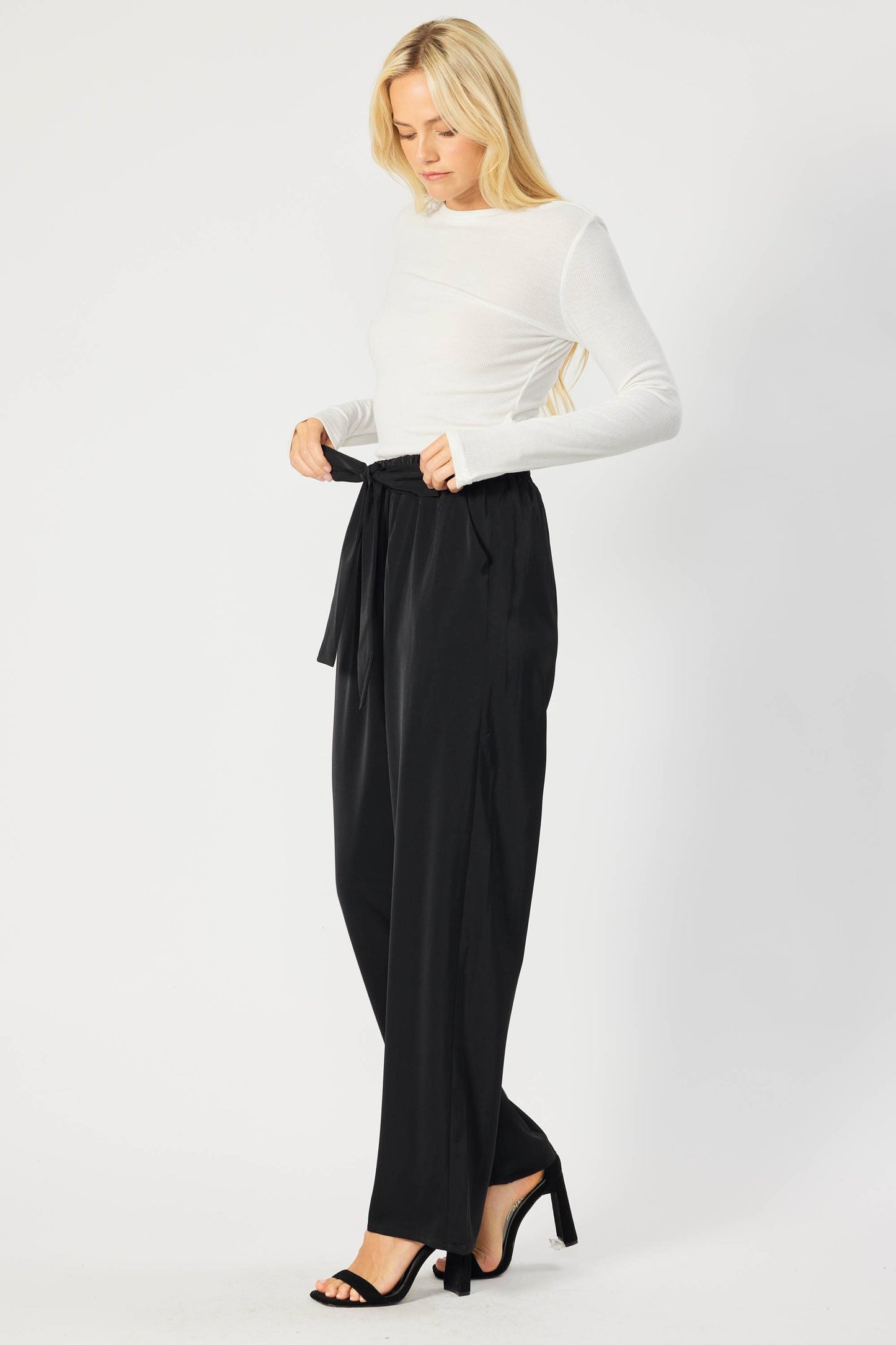 SATIN TROUSER FEATURING BELT AMD ELASTIC WAIST BAND