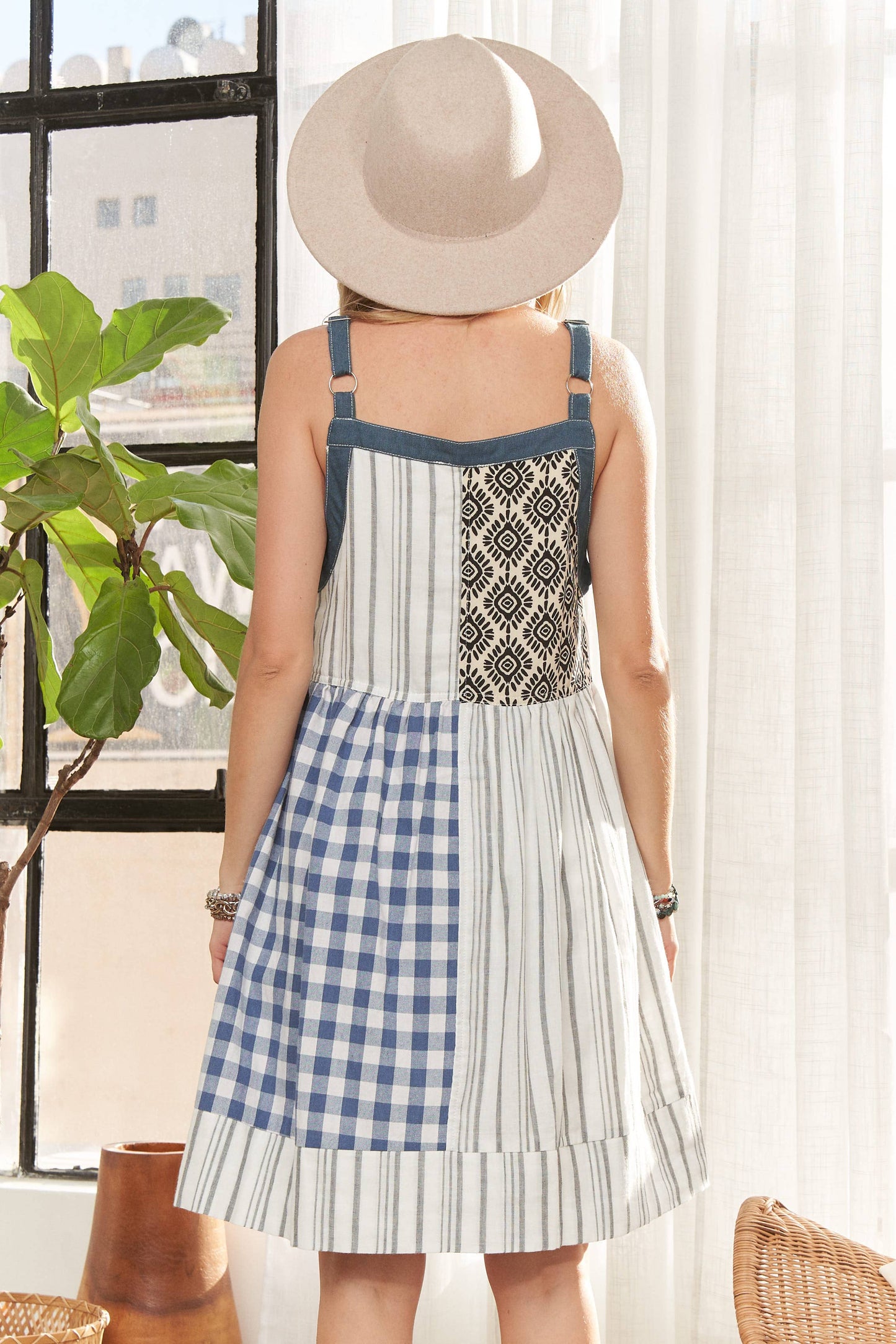 PATCHWORK BUTTON FRONT MINI DRESS