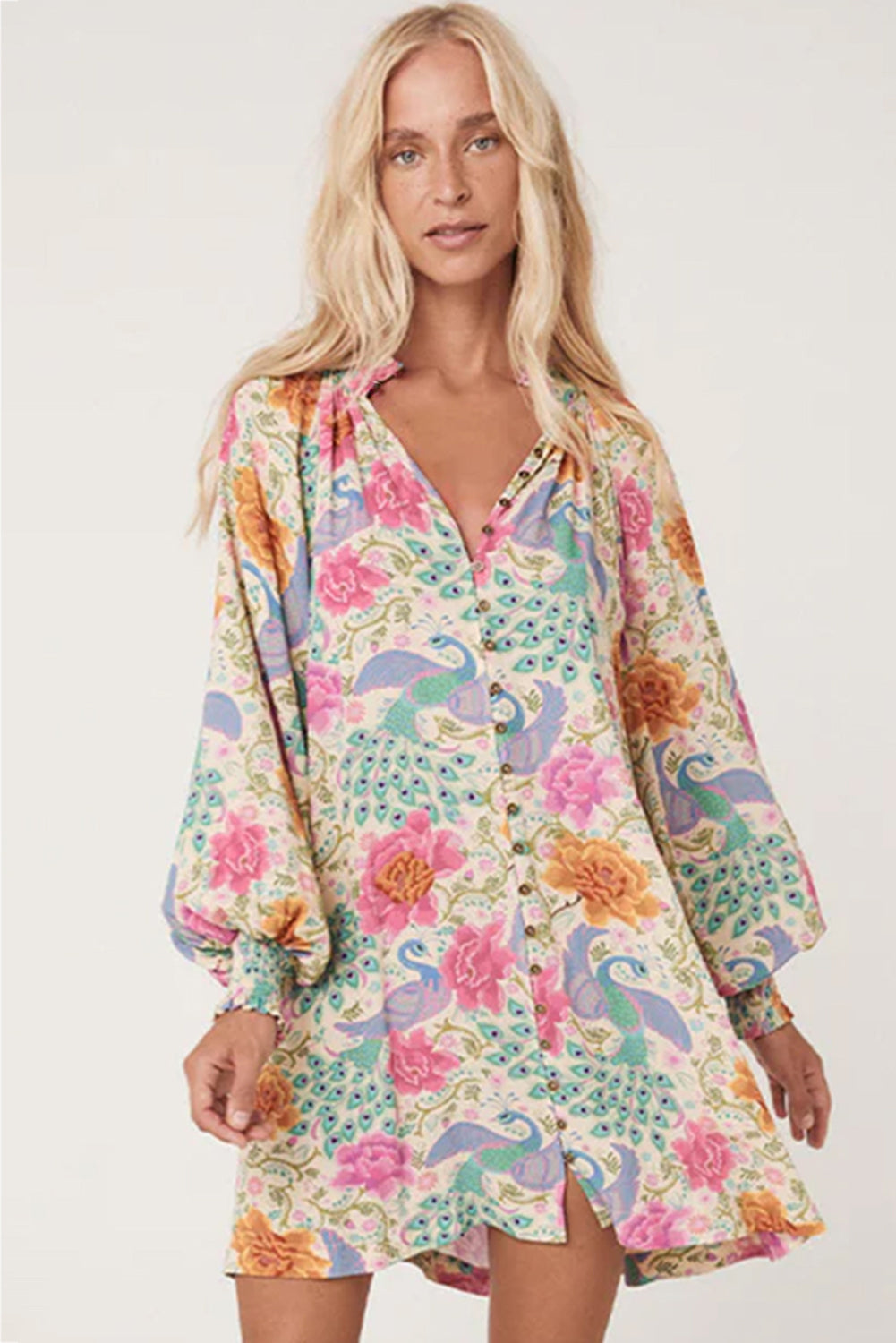 Multicolour Floral Print Bubble Sleeve Buttoned V Neck Mini Dress (In Shop)