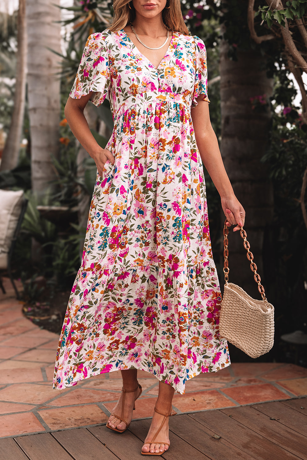Red Floral Short Sleeve V Neck High Waist Maxi Dress (in Shop)