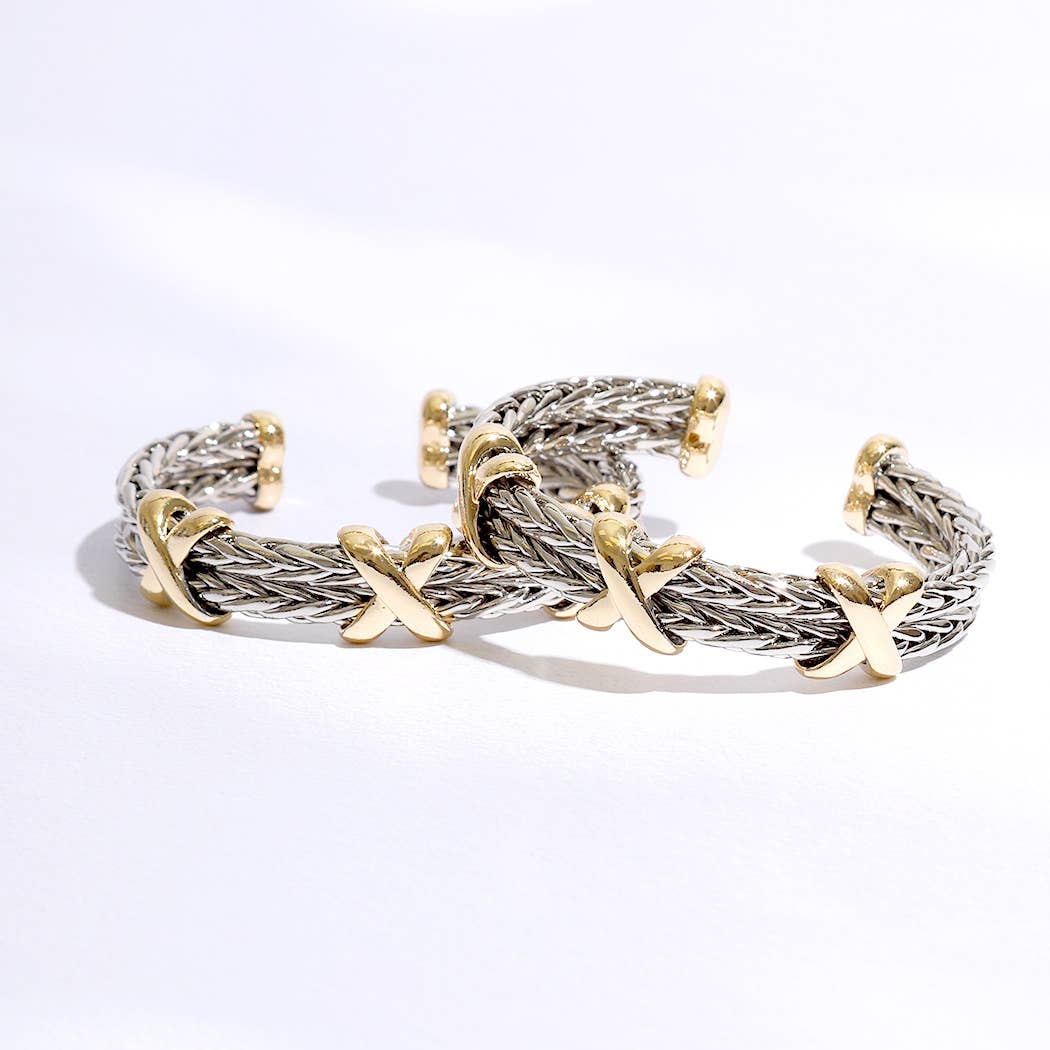 Braided Two Row Two Toned Bangle Bracelet