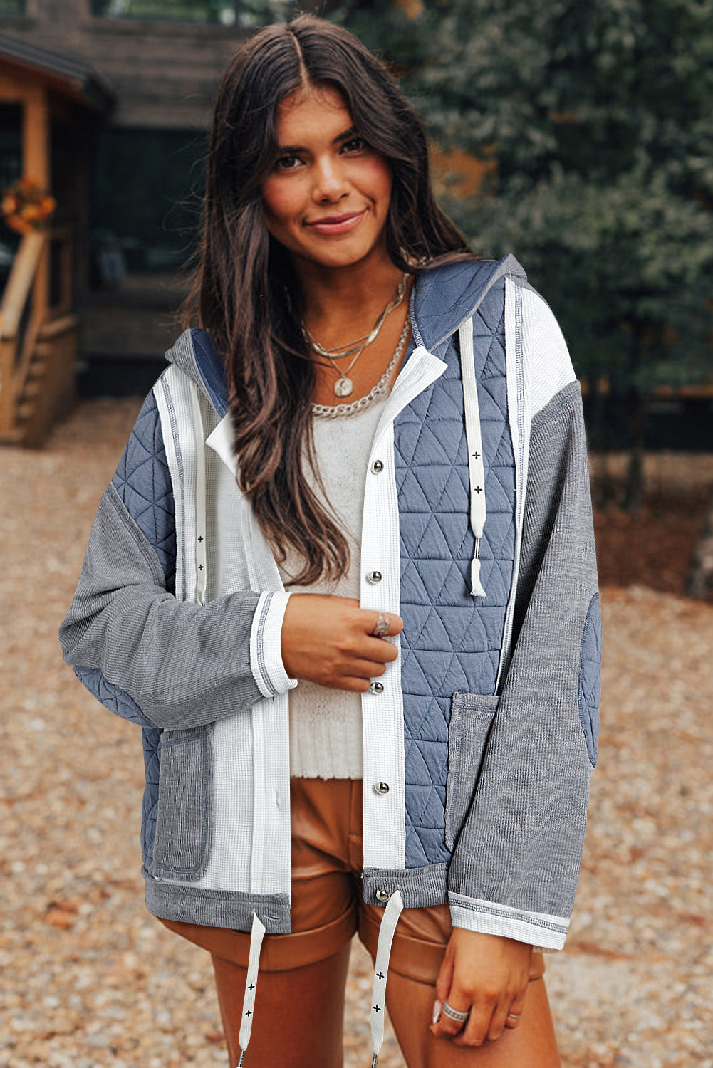 Quilted Textured Patchwork Loose Fit Hooded Jacket